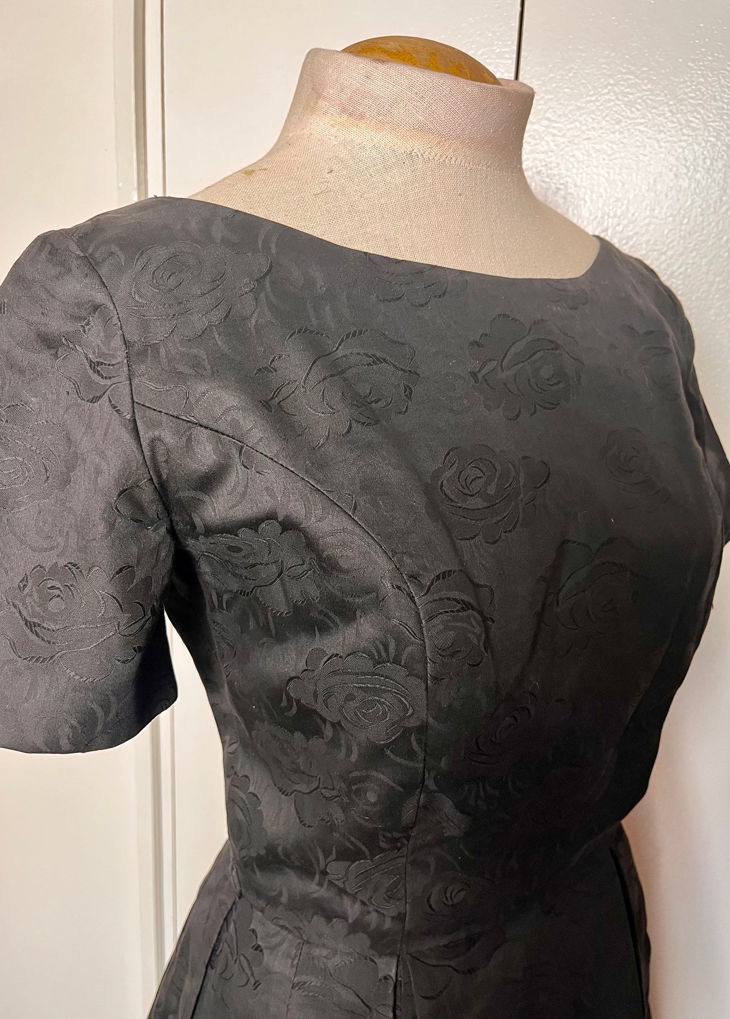 Vintage 1950's Black Embossed Rose Cotton Fit N Flare Dress