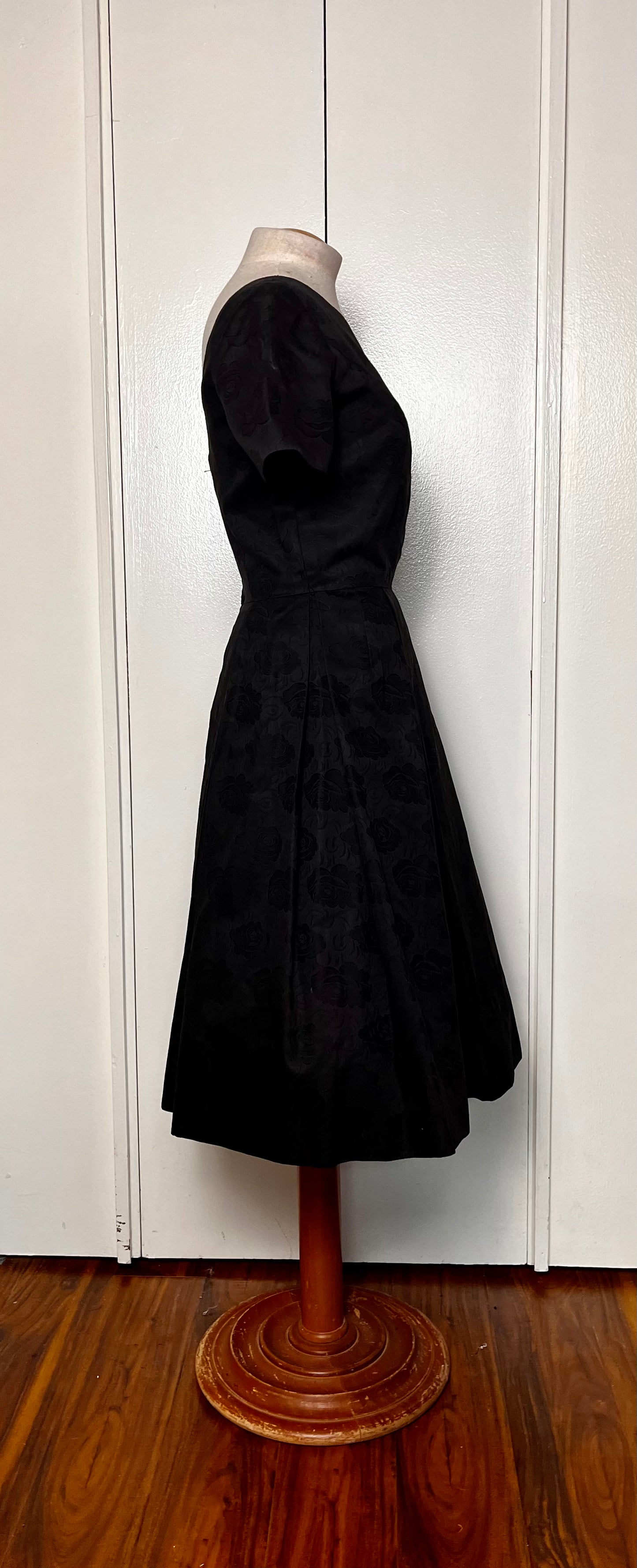 Vintage 1950's Black Embossed Rose Cotton Fit N Flare Dress