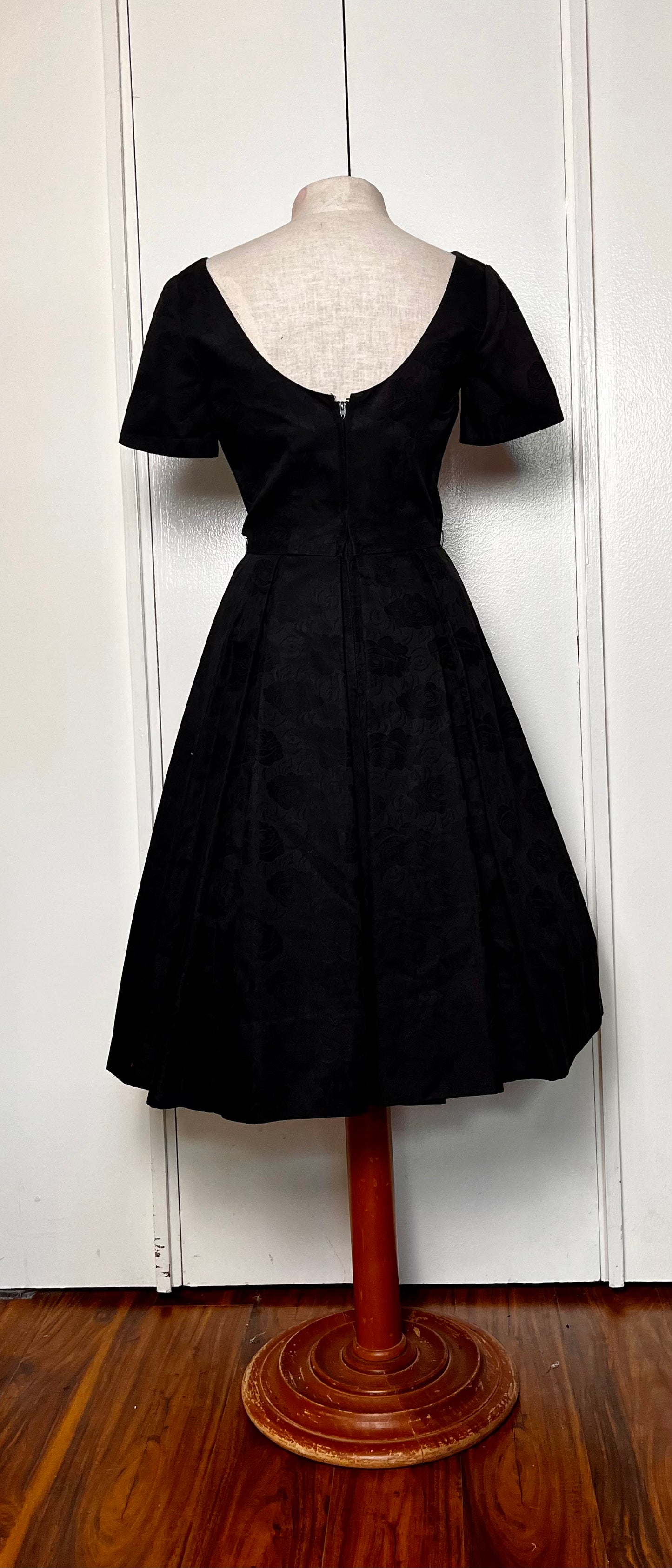 Vintage 1950's Black Embossed Rose Cotton Fit N Flare Dress