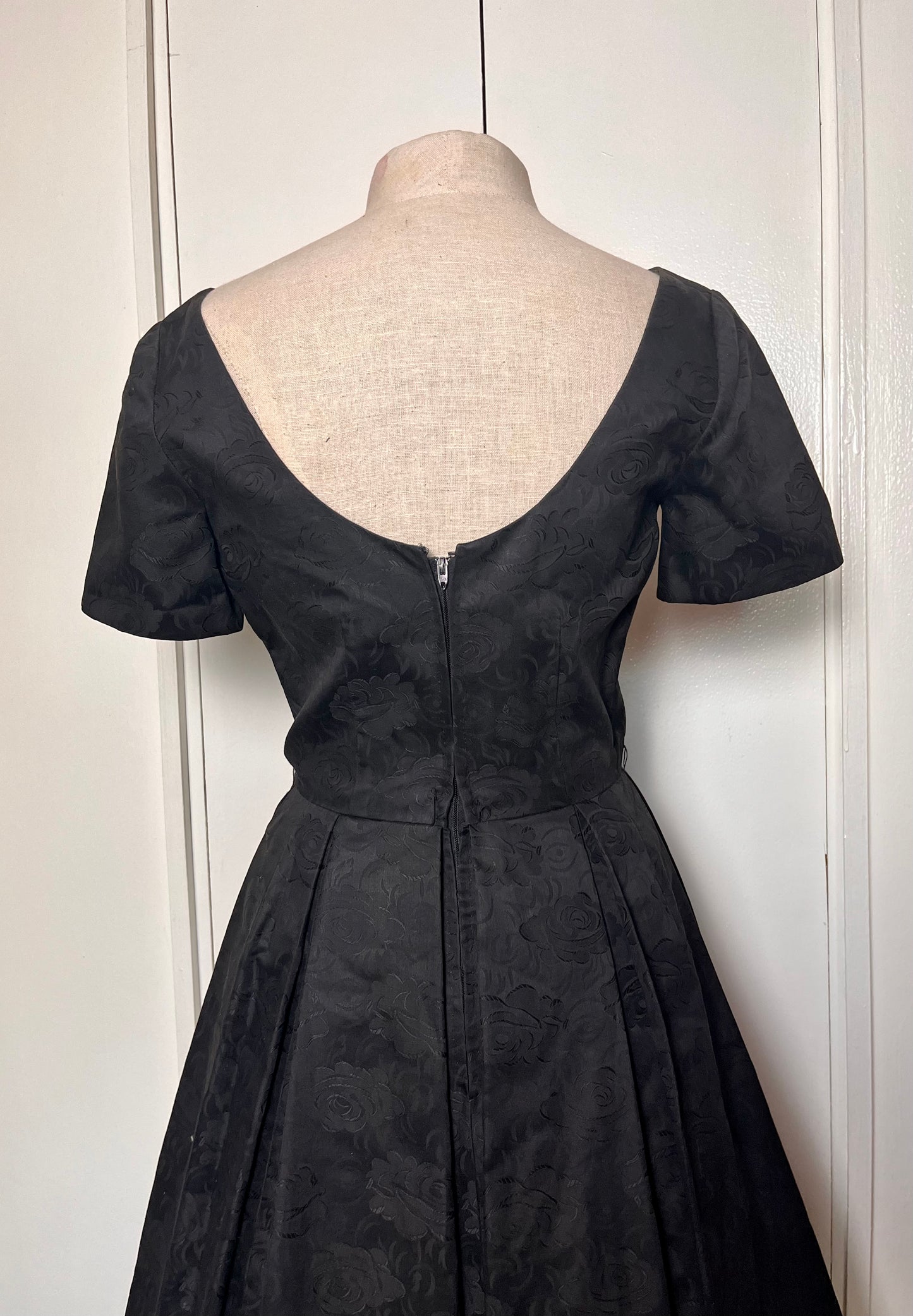 Vintage 1950's Black Embossed Rose Cotton Fit N Flare Dress