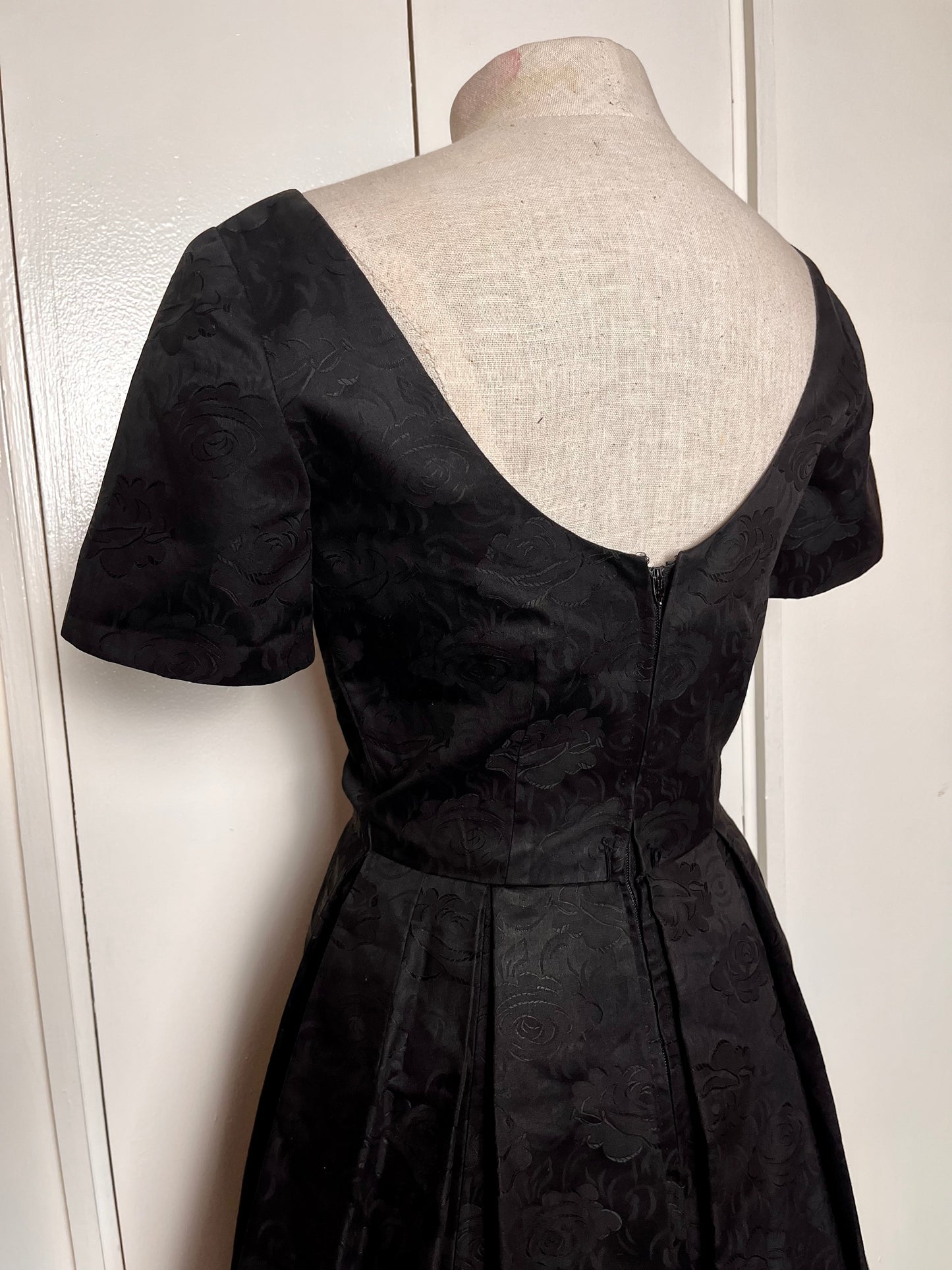 Vintage 1950's Black Embossed Rose Cotton Fit N Flare Dress