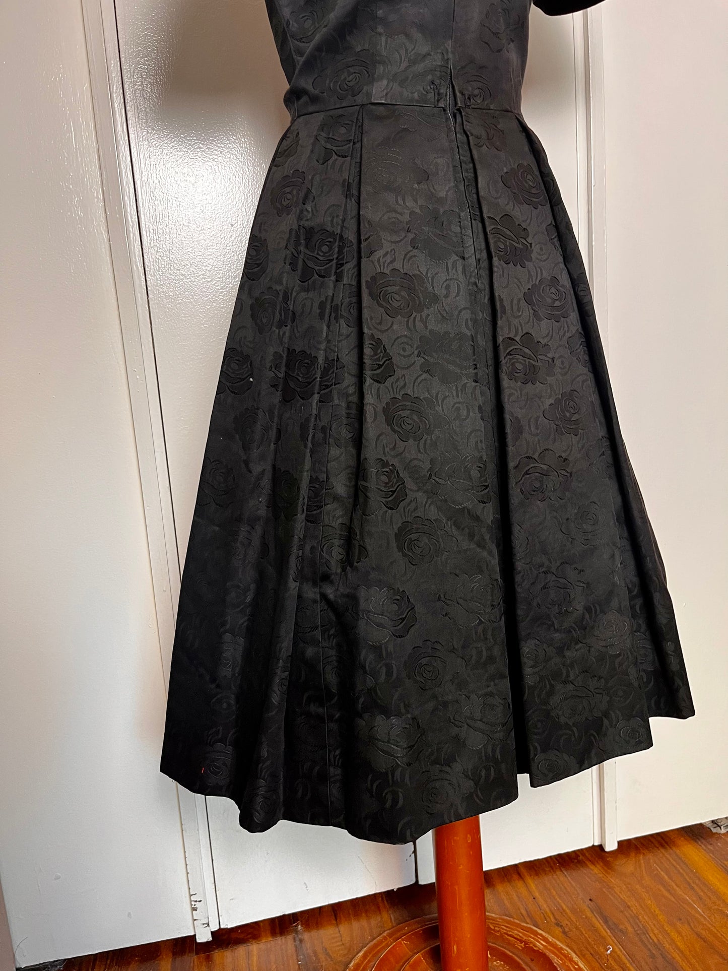 Vintage 1950's Black Embossed Rose Cotton Fit N Flare Dress