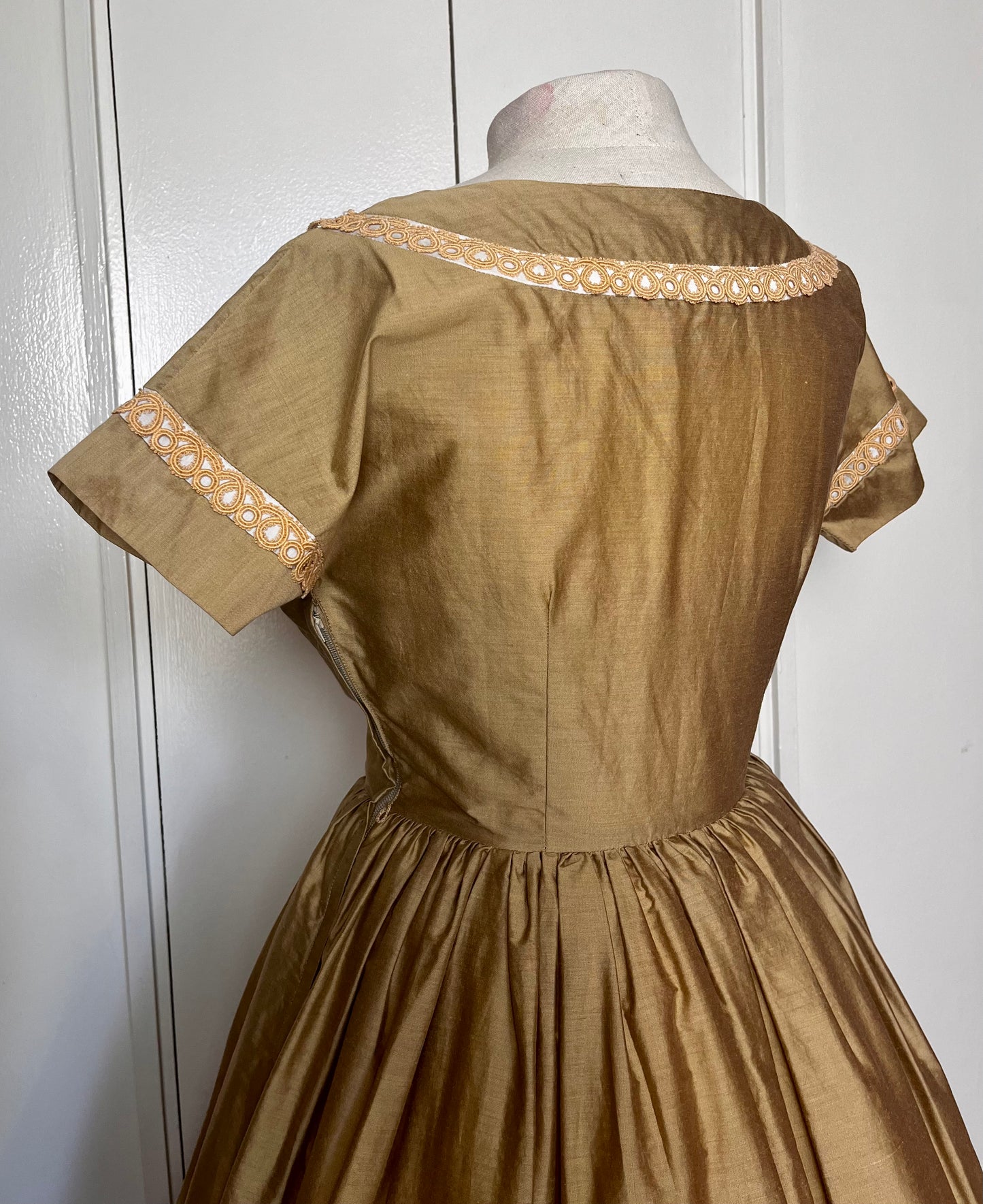 Vintage 1950's "Carole King" Brown Satin and Embellished Fit N Flare Dress