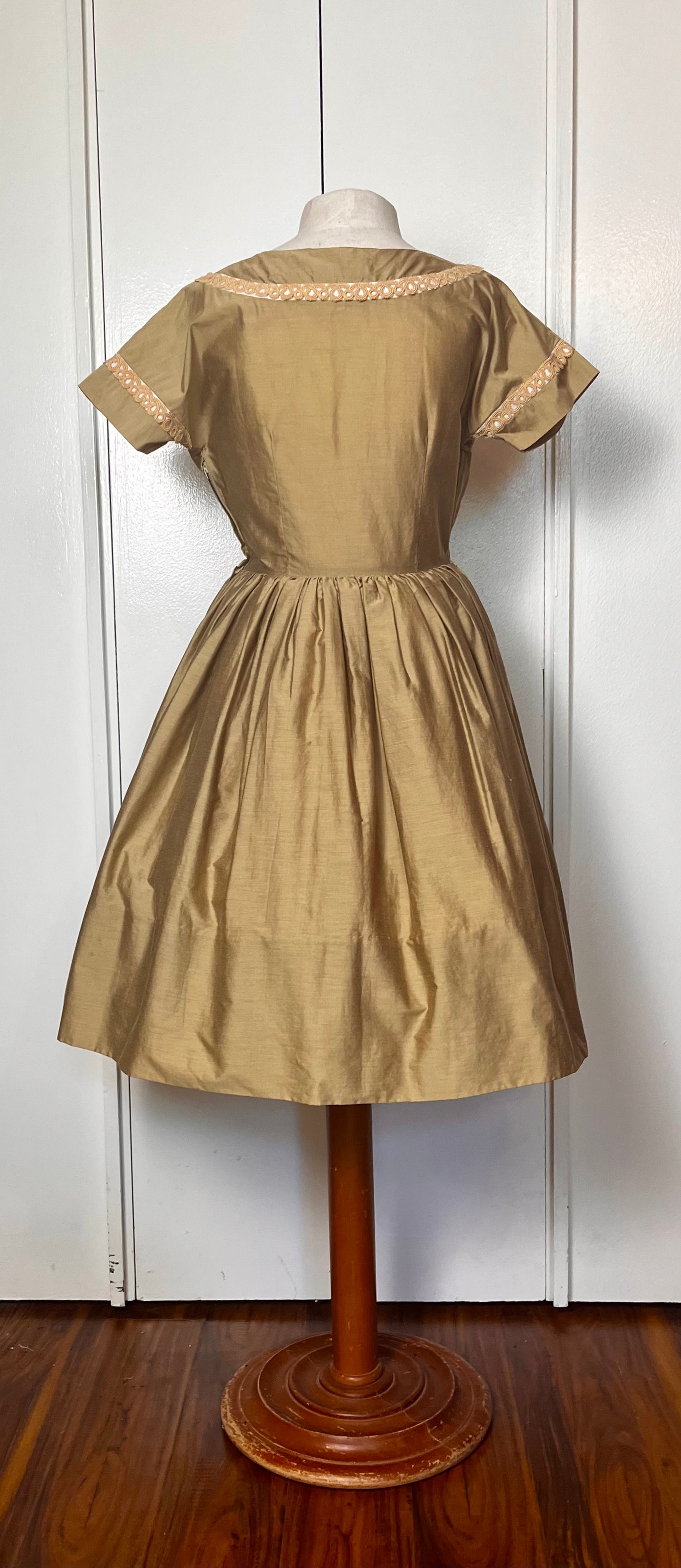 Vintage 1950's "Carole King" Brown Satin and Embellished Fit N Flare Dress