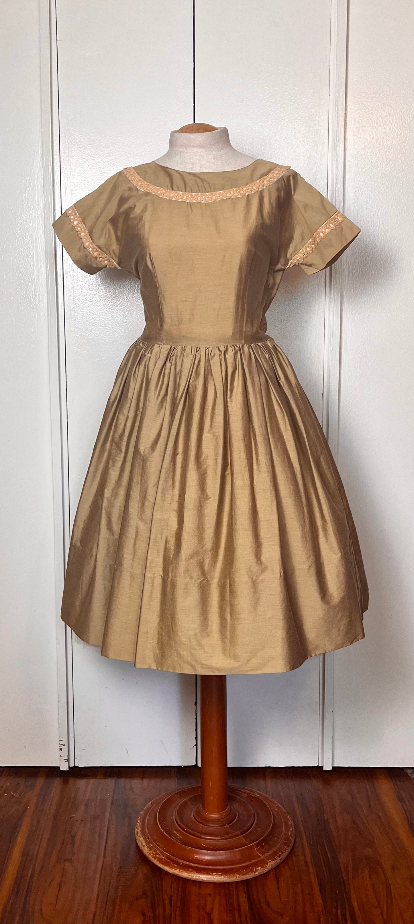 Vintage 1950's "Carole King" Brown Satin and Embellished Fit N Flare Dress