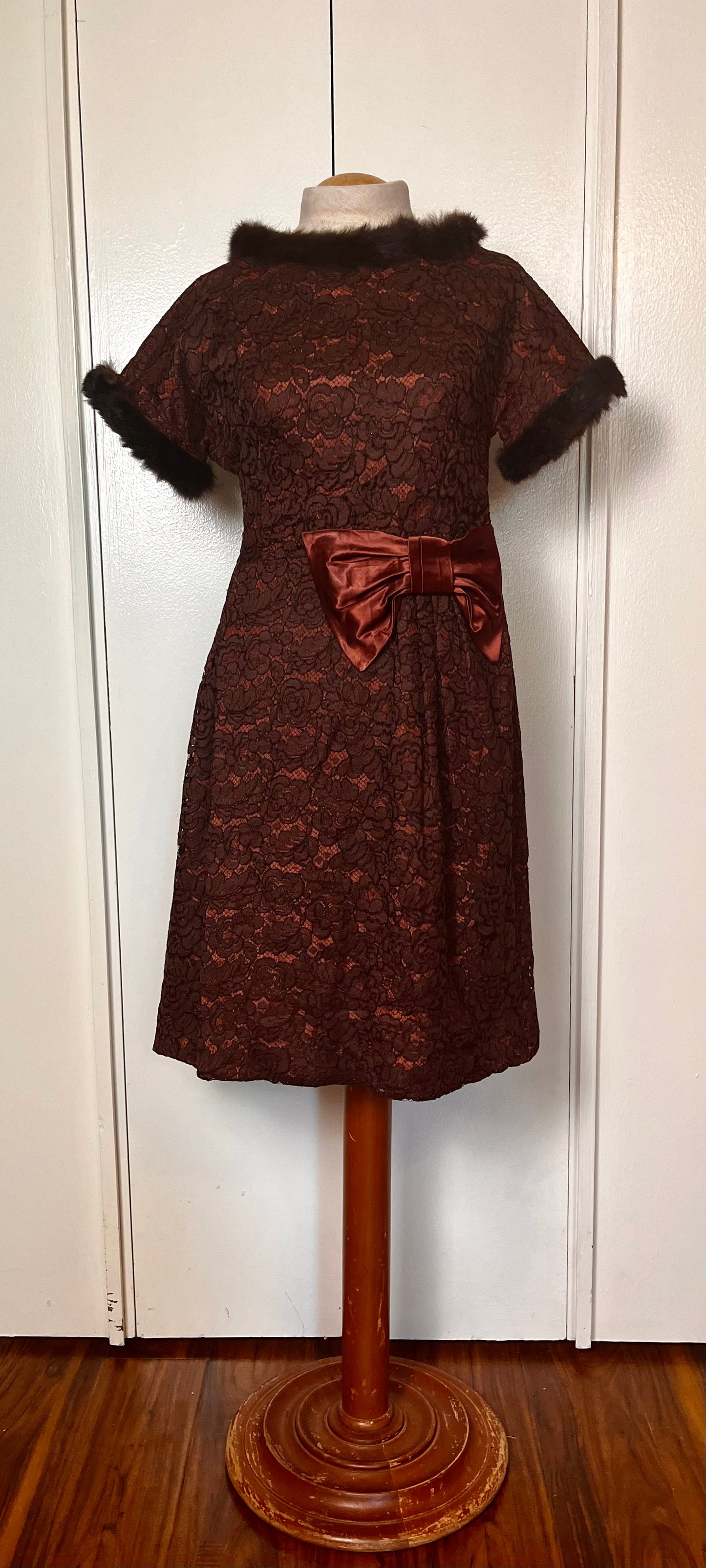 Vintage 1950's Brown Satin and Lace with Fur-Trim Sheath Dress