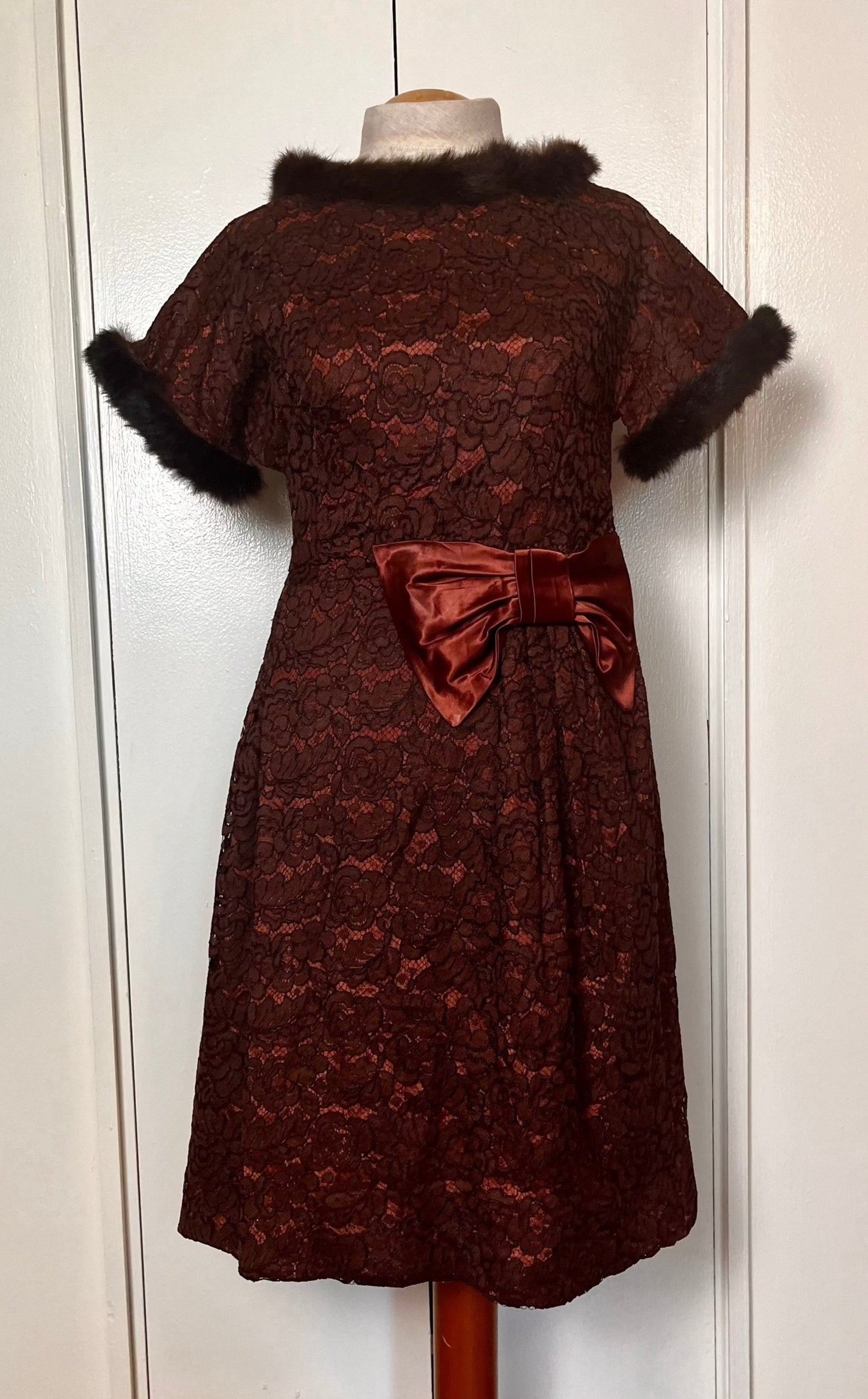 Vintage 1950's Brown Satin and Lace with Fur-Trim Sheath Dress