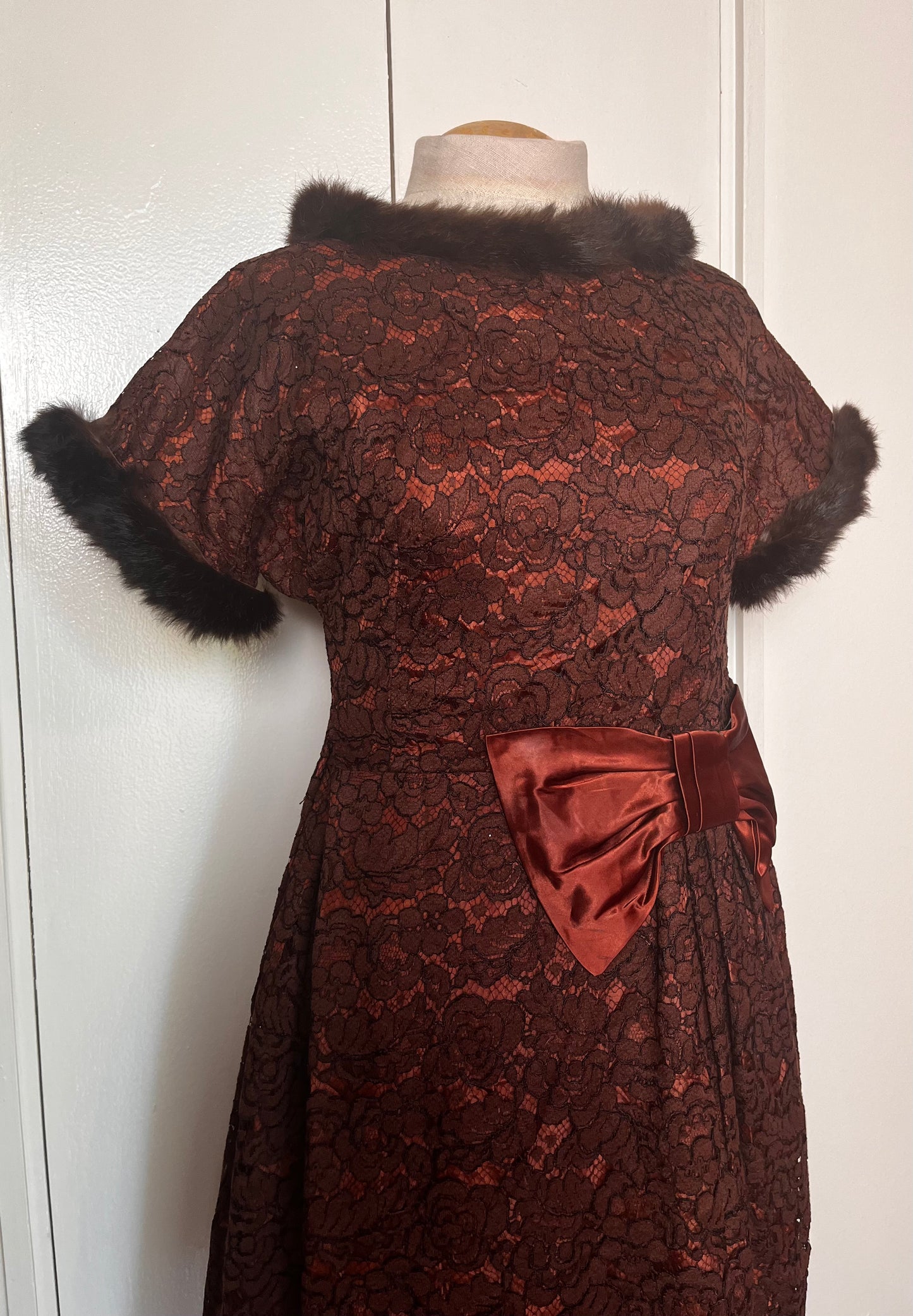 Vintage 1950's Brown Satin and Lace with Fur-Trim Sheath Dress