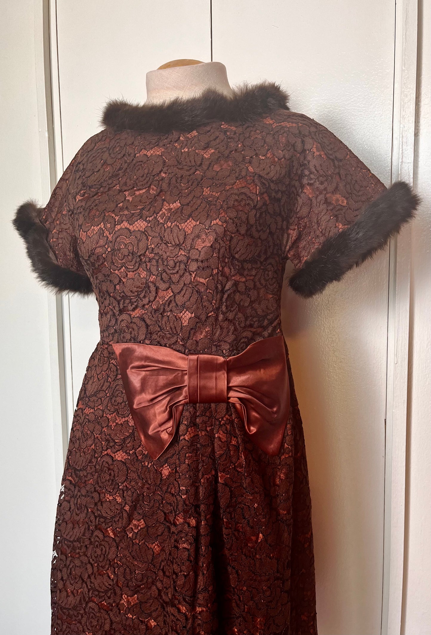 Vintage 1950's Brown Satin and Lace with Fur-Trim Sheath Dress