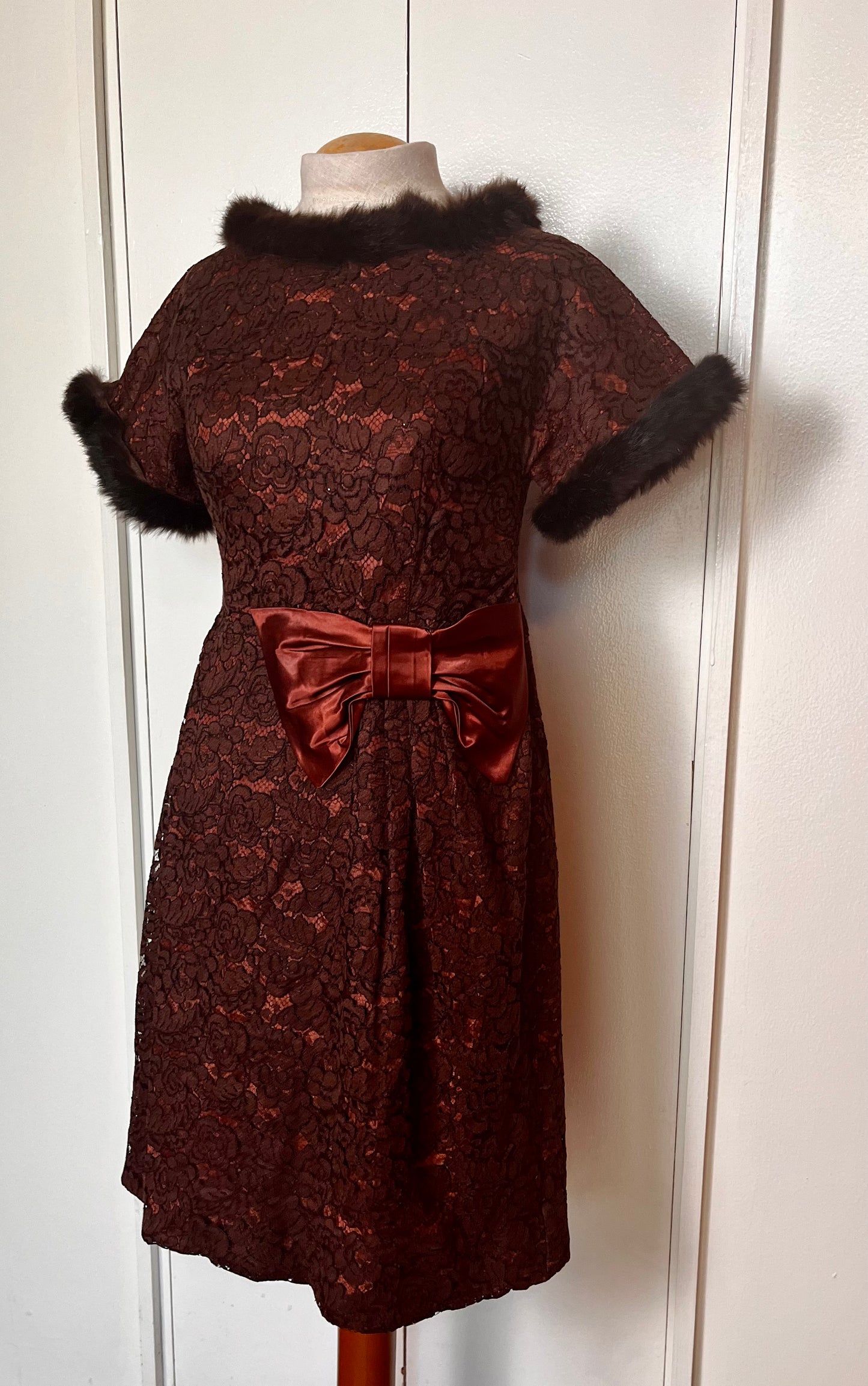 Vintage 1950's Brown Satin and Lace with Fur-Trim Sheath Dress