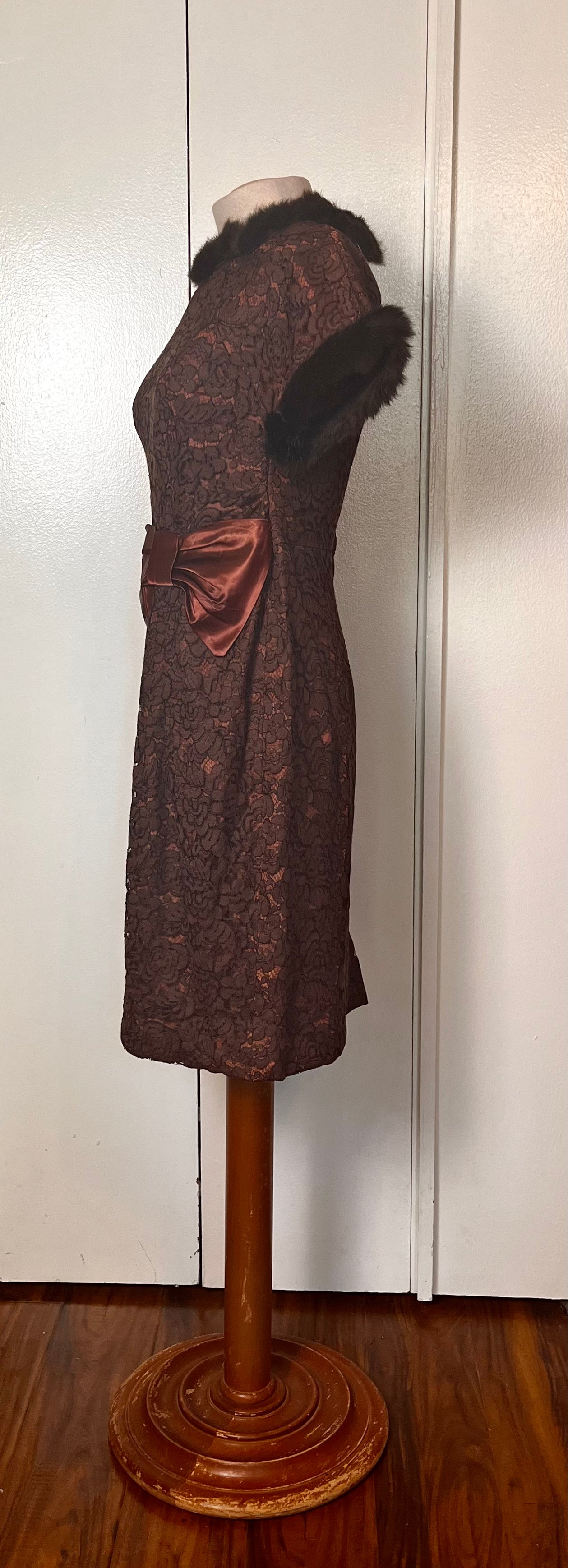 Vintage 1950's Brown Satin and Lace with Fur-Trim Sheath Dress