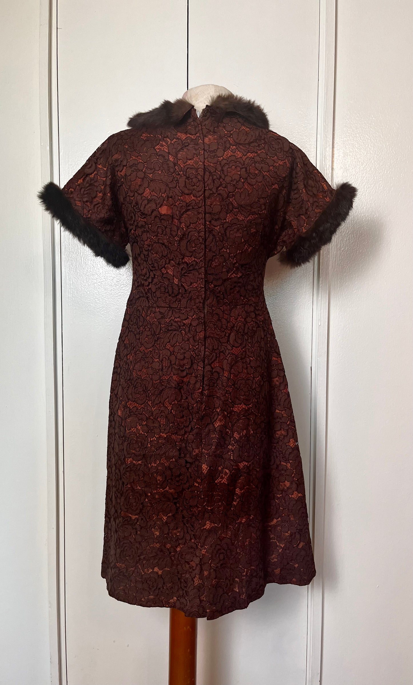 Vintage 1950's Brown Satin and Lace with Fur-Trim Sheath Dress