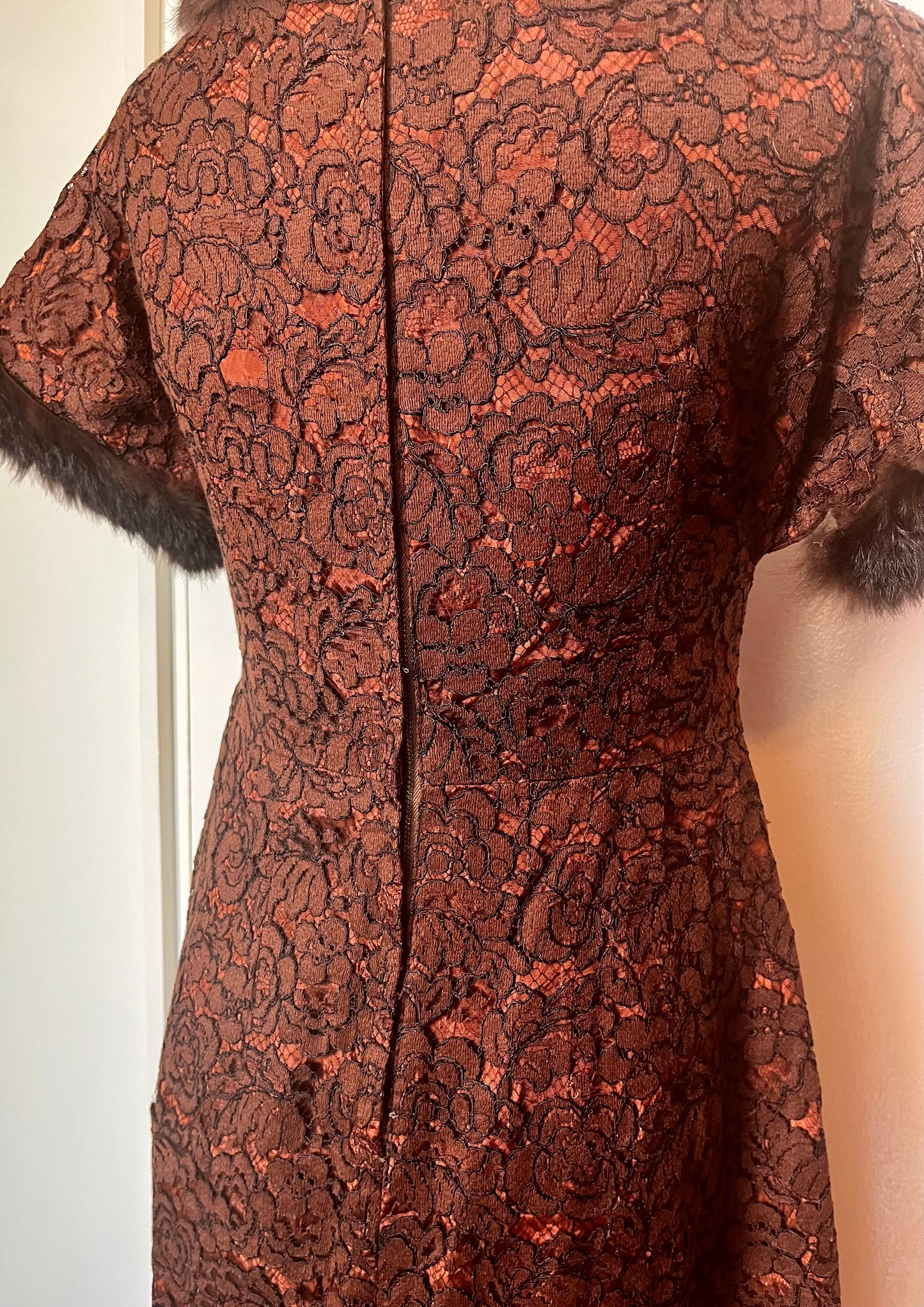 Vintage 1950's Brown Satin and Lace with Fur-Trim Sheath Dress