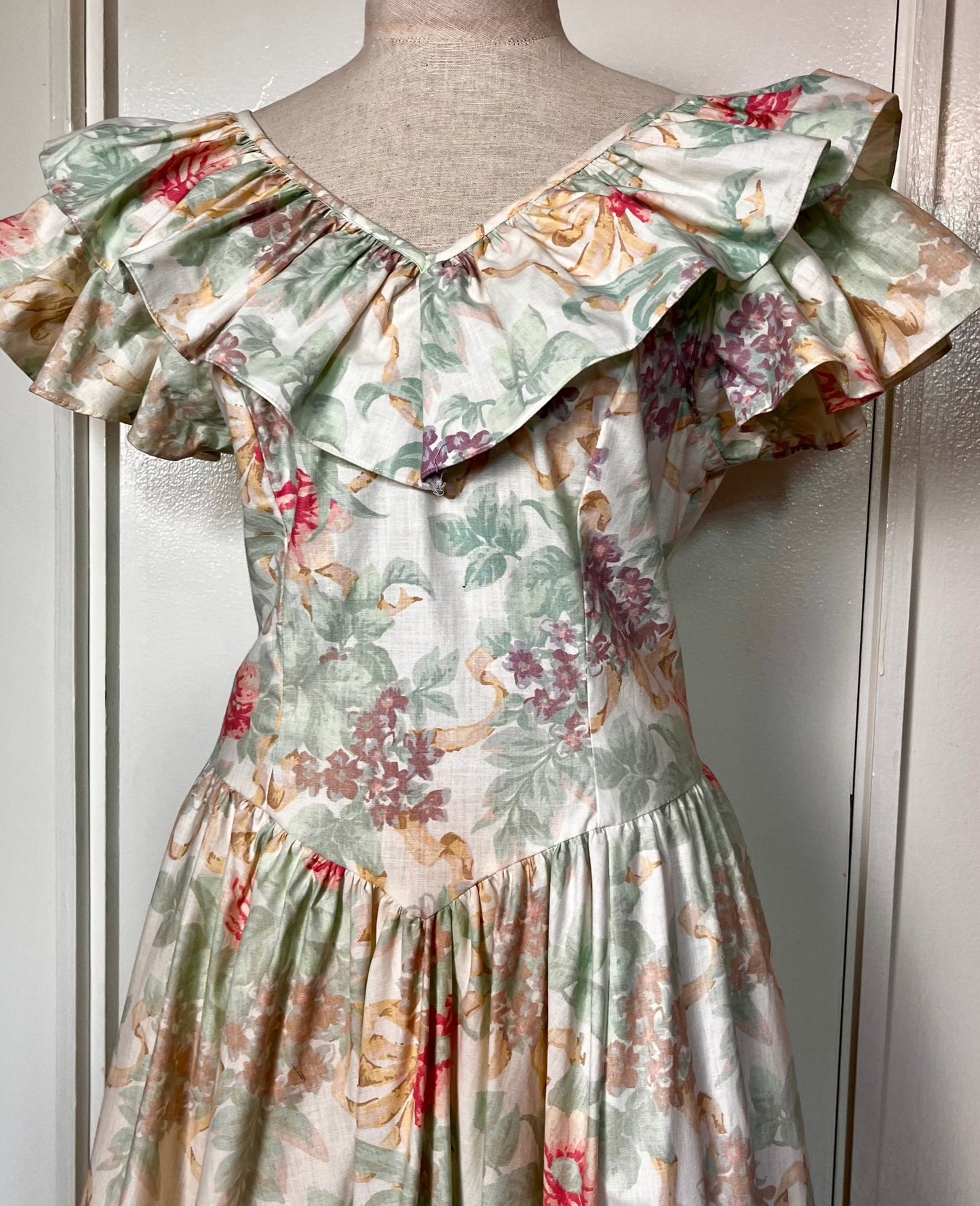 Vintage 1980's "Expo" Floral Ruffle Neckline Fit N Flare Dress