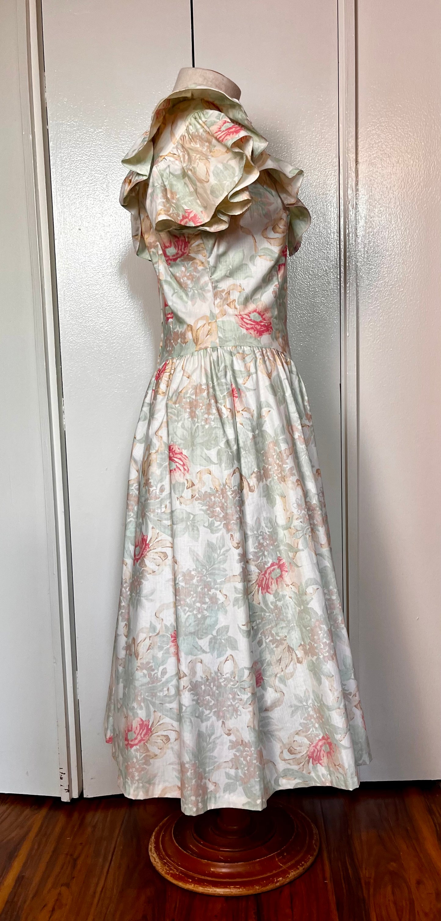 Vintage 1980's "Expo" Floral Ruffle Neckline Fit N Flare Dress