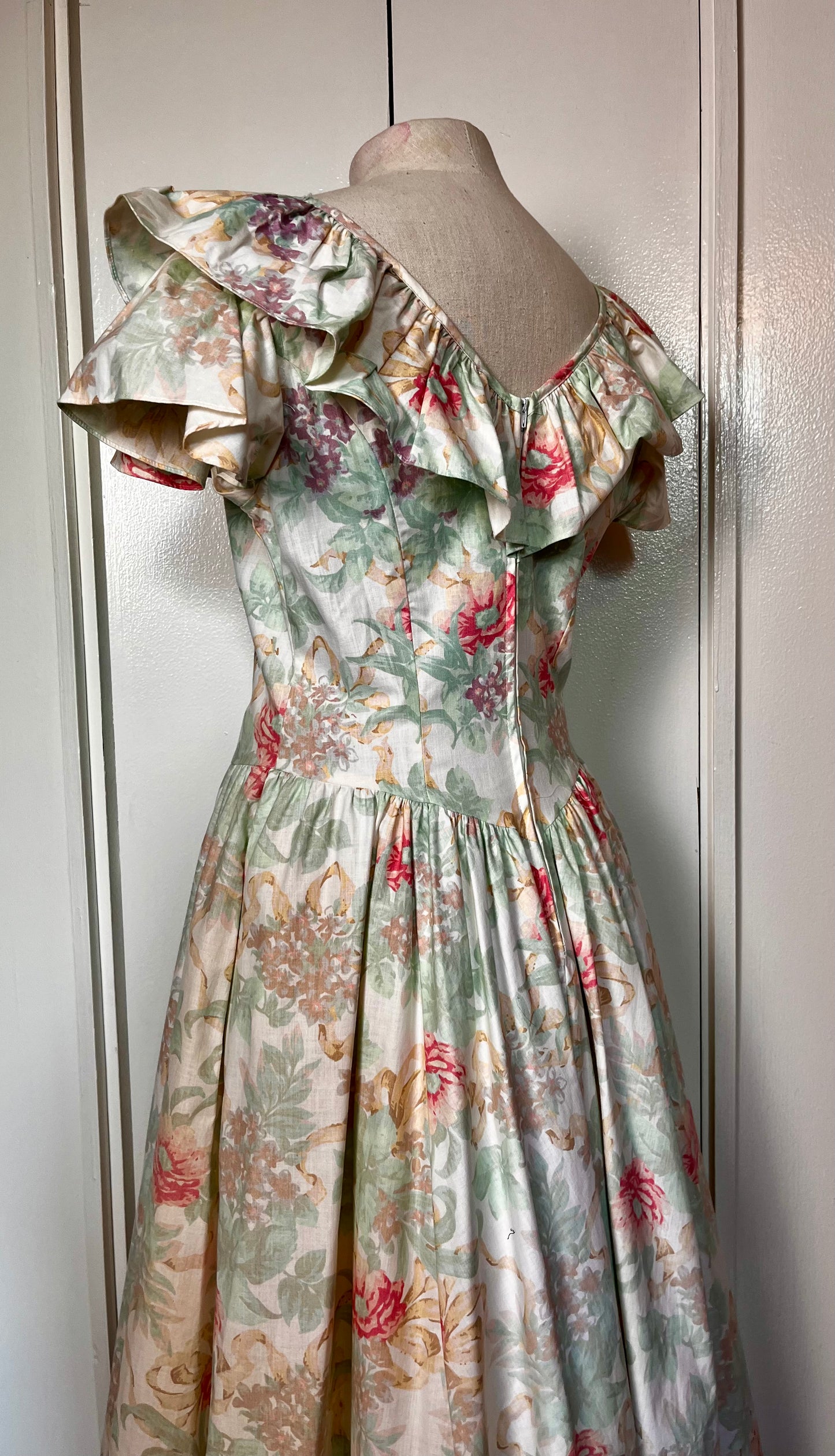 Vintage 1980's "Expo" Floral Ruffle Neckline Fit N Flare Dress