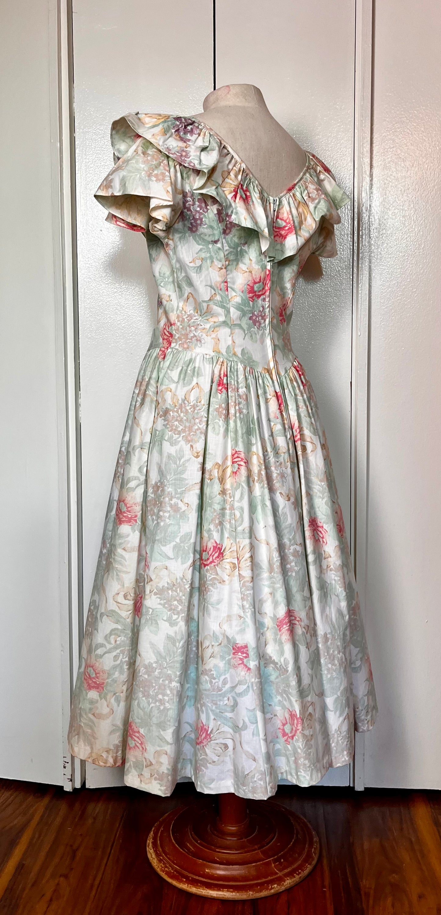 Vintage 1980's "Expo" Floral Ruffle Neckline Fit N Flare Dress