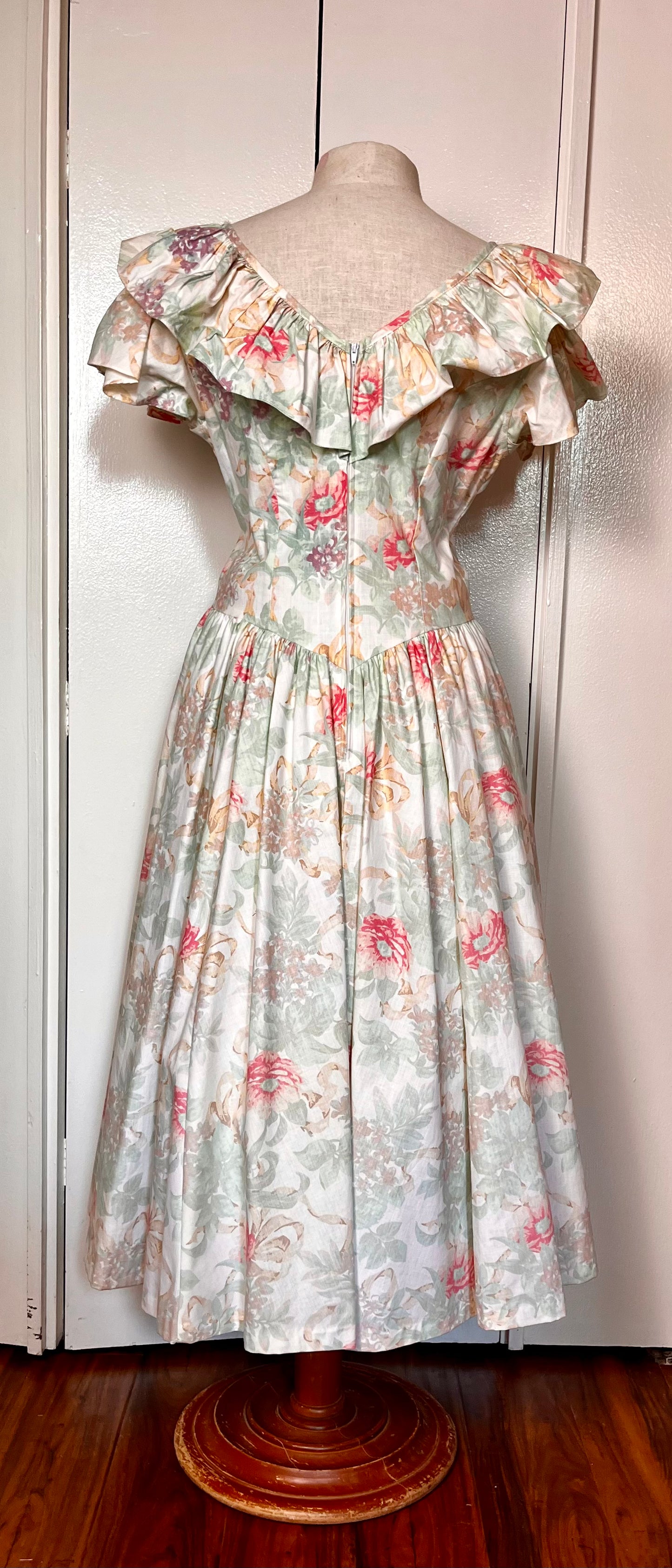 Vintage 1980's "Expo" Floral Ruffle Neckline Fit N Flare Dress