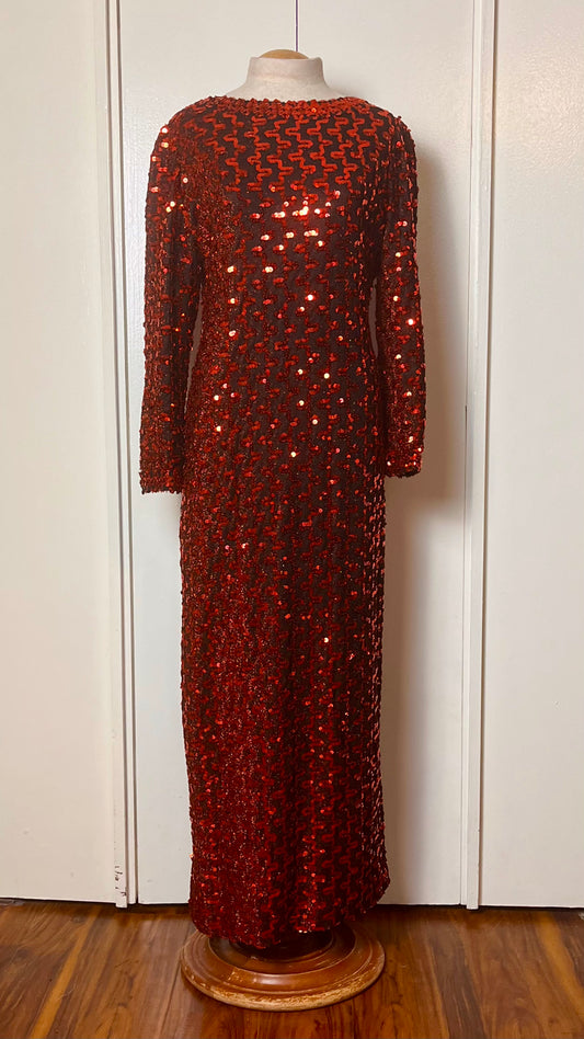 Vintage 1970's "Lilli Diamond" Red Sequin Long Sleeve Maxi Dress