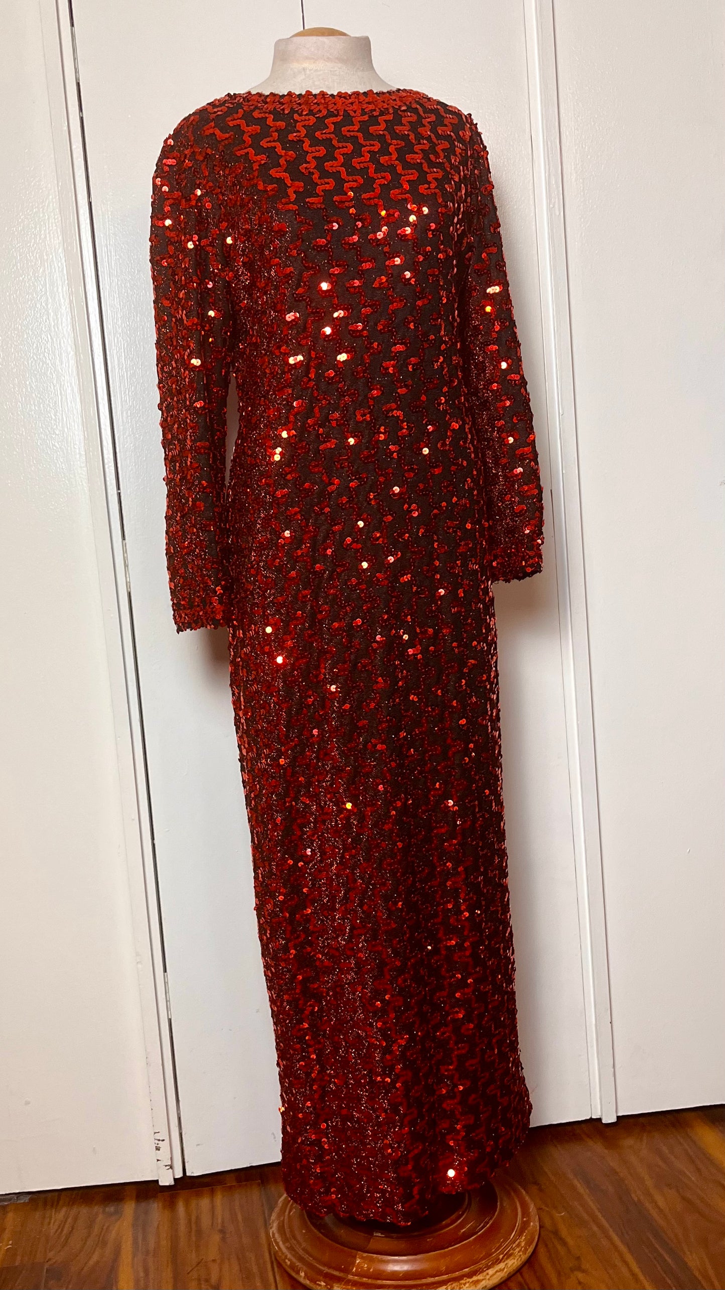 Vintage 1970's "Lilli Diamond" Red Sequin Long Sleeve Maxi Dress