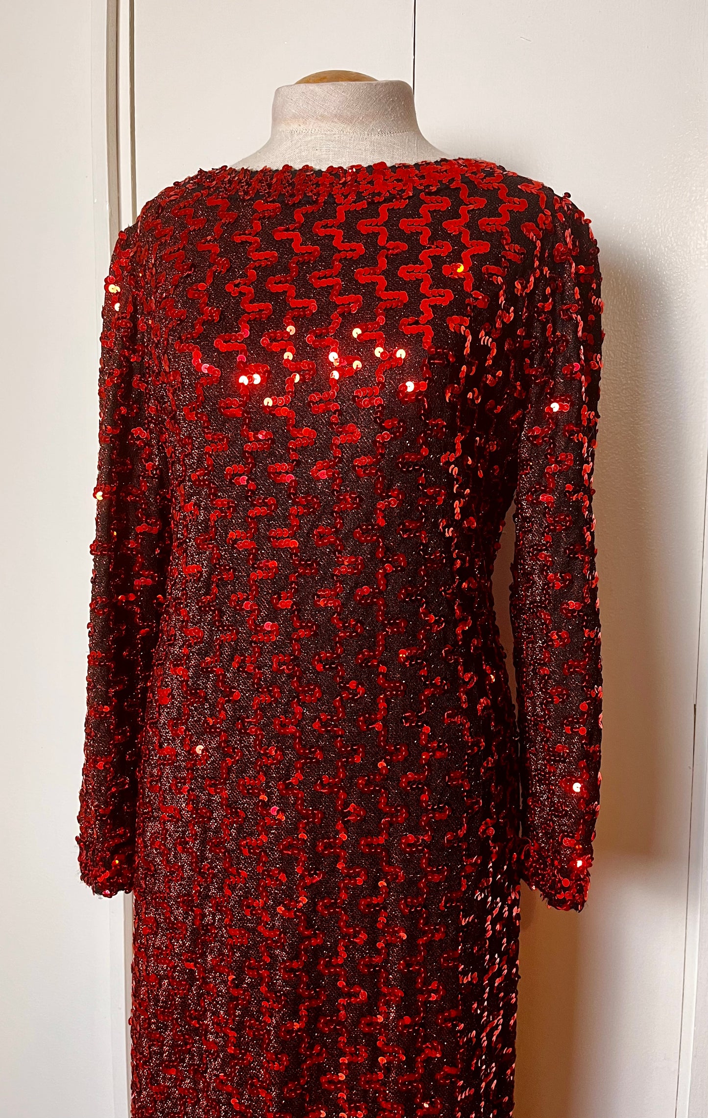 Vintage 1970's "Lilli Diamond" Red Sequin Long Sleeve Maxi Dress