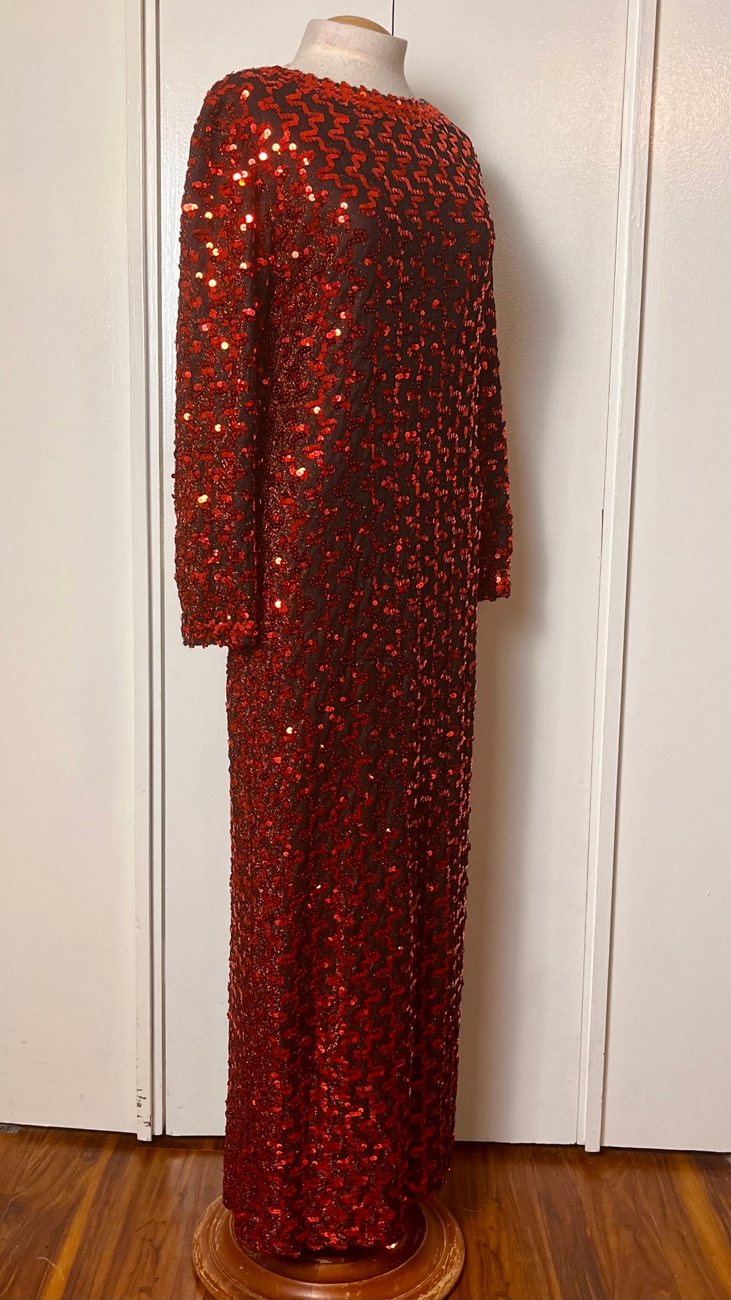 Vintage 1970's "Lilli Diamond" Red Sequin Long Sleeve Maxi Dress