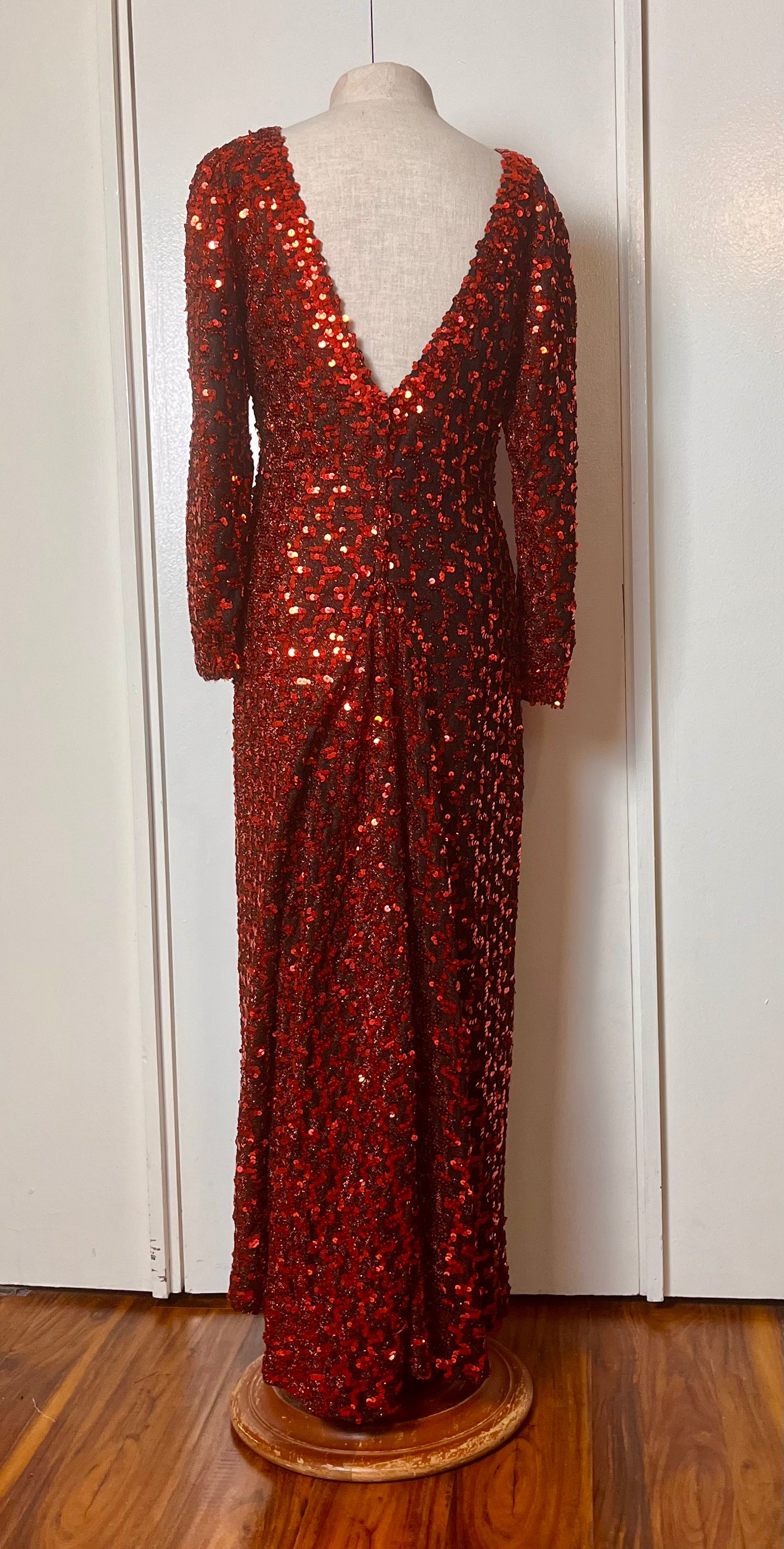 Vintage 1970's "Lilli Diamond" Red Sequin Long Sleeve Maxi Dress