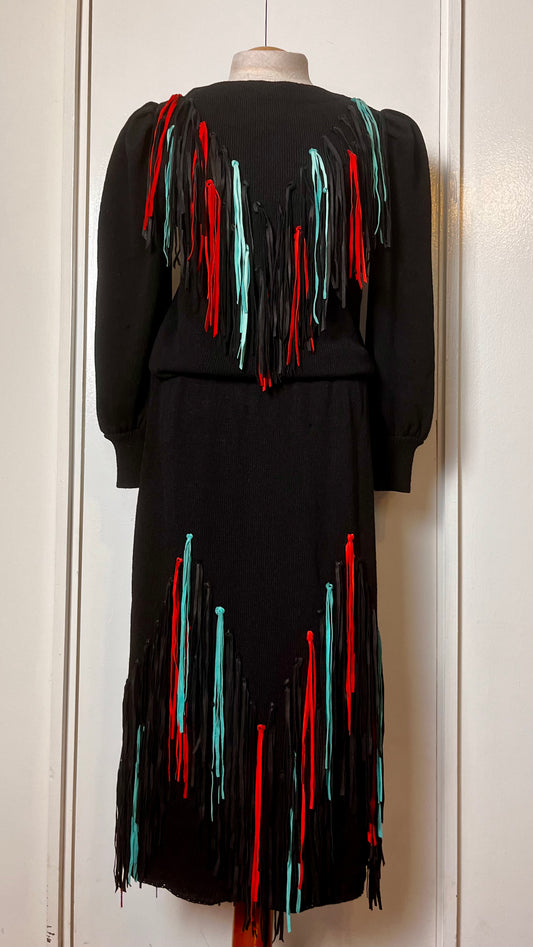 Vintage 1980s "Lillie Rubin" Leather-Fringe Sweater Dress