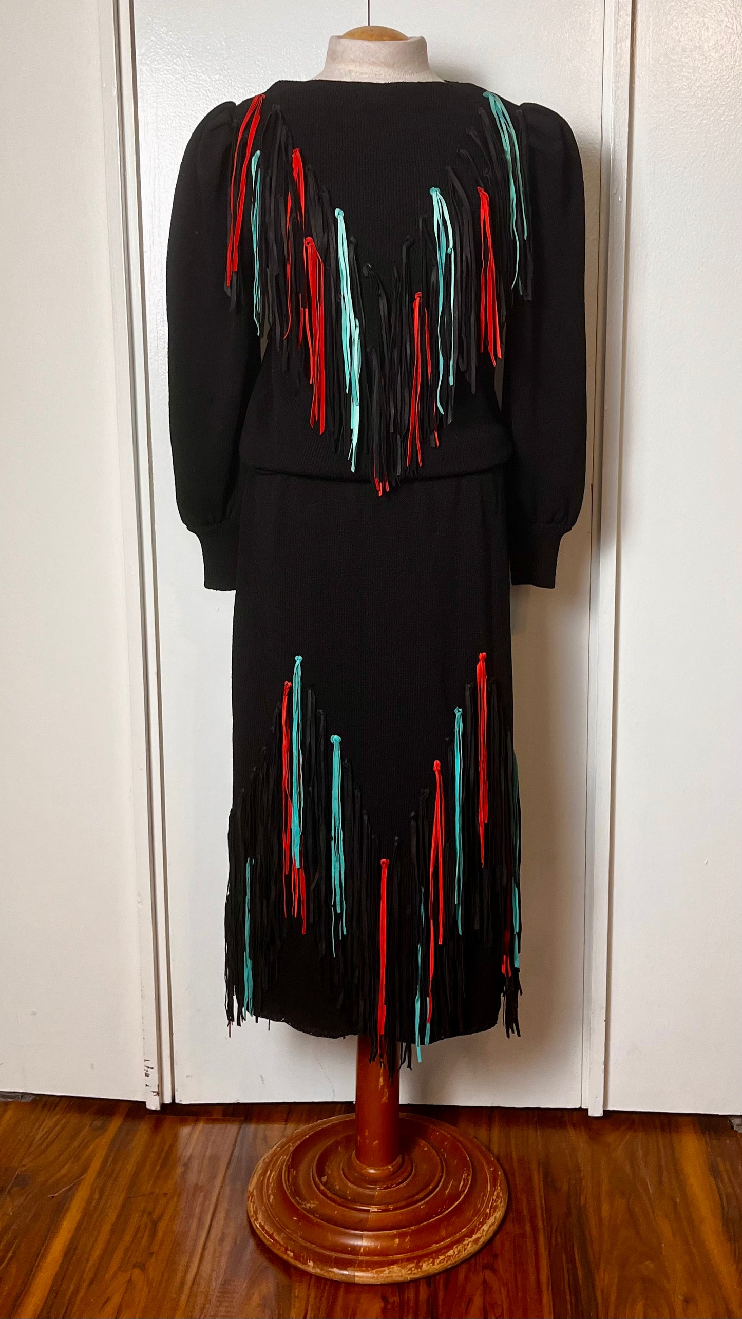 Vintage 1980s "Lillie Rubin" Leather-Fringe Sweater Dress