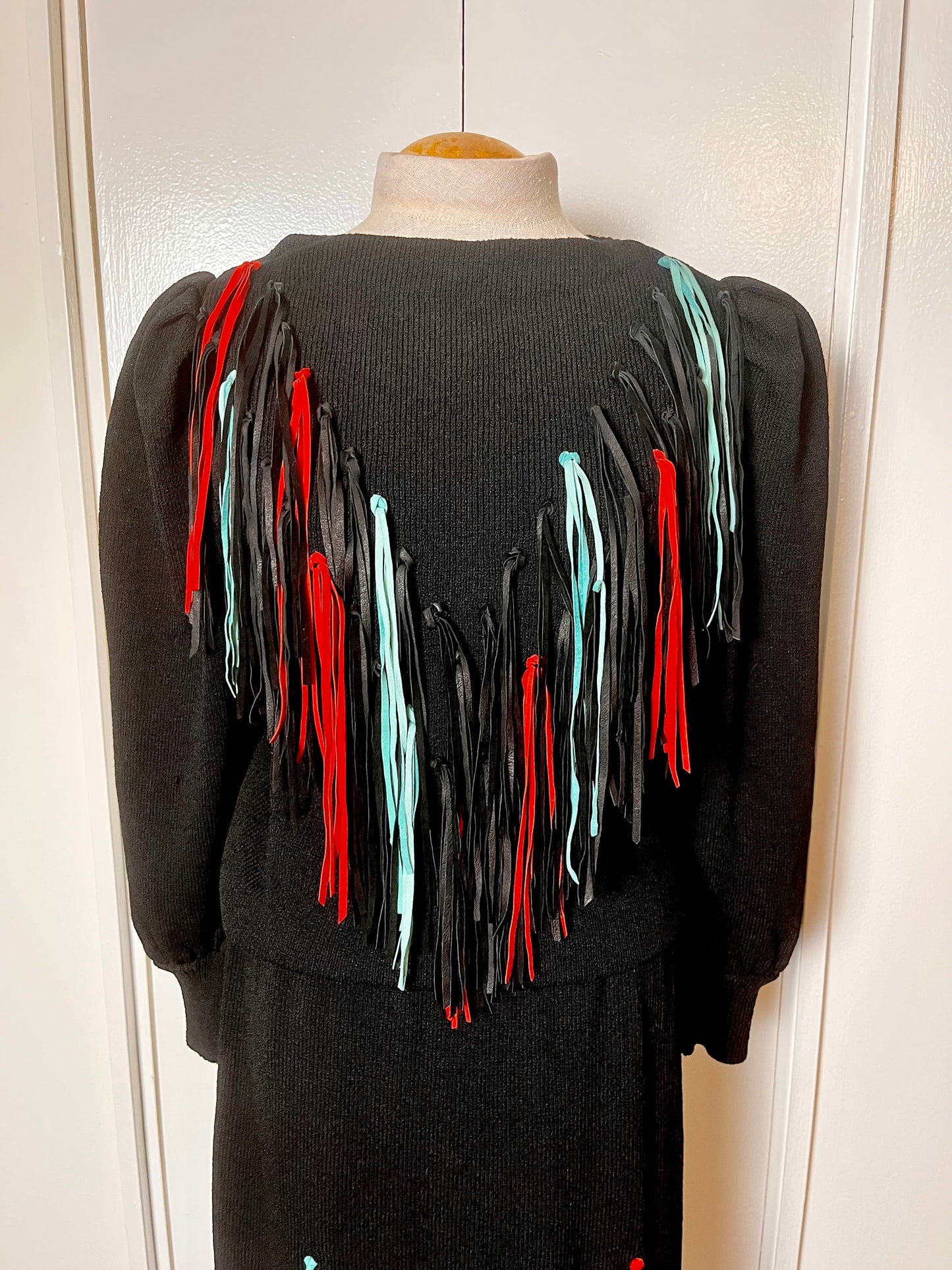 Vintage 1980s "Lillie Rubin" Leather-Fringe Sweater Dress