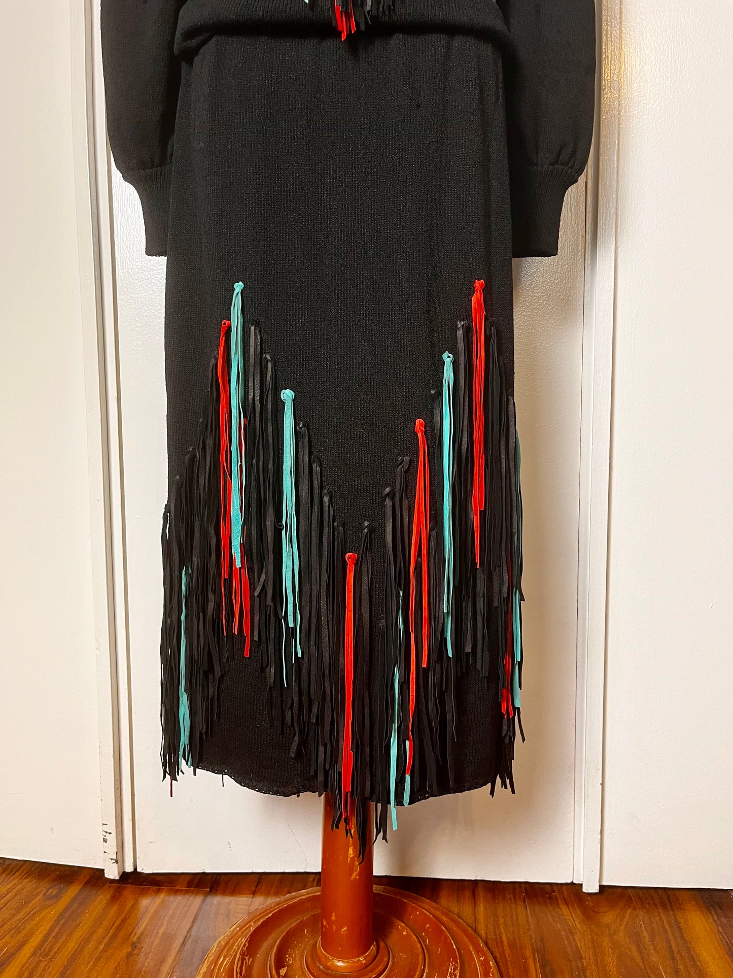 Vintage 1980s "Lillie Rubin" Leather-Fringe Sweater Dress