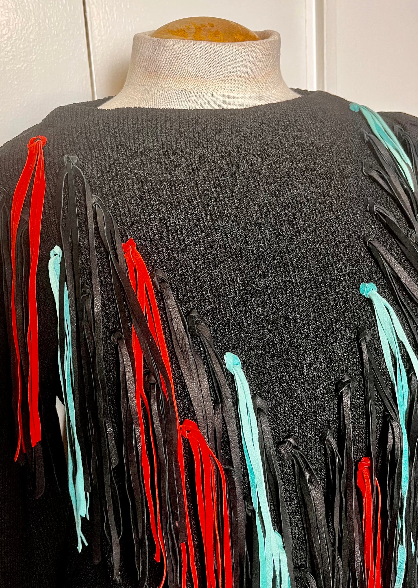 Vintage 1980s "Lillie Rubin" Leather-Fringe Sweater Dress