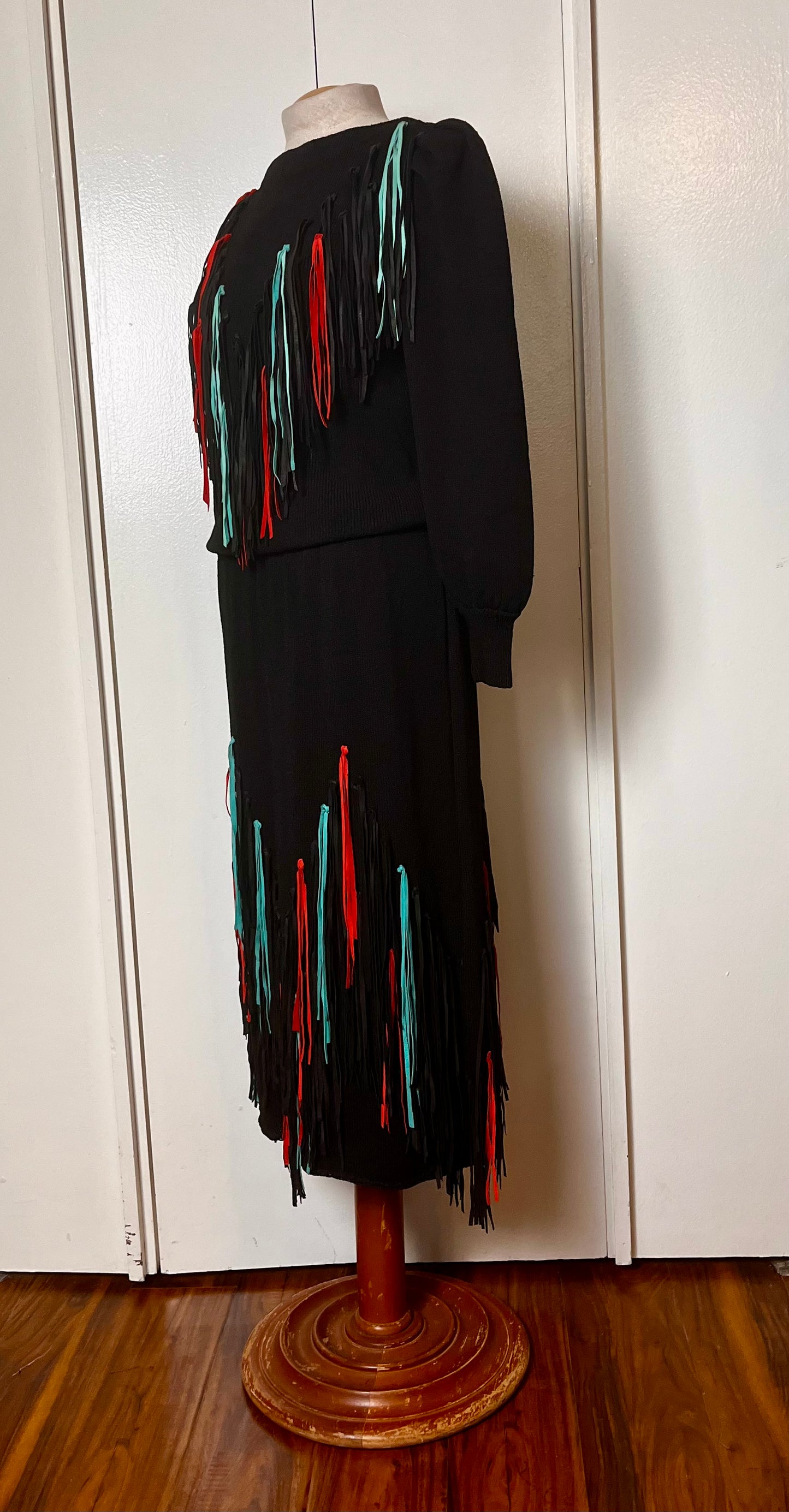 Vintage 1980s "Lillie Rubin" Leather-Fringe Sweater Dress