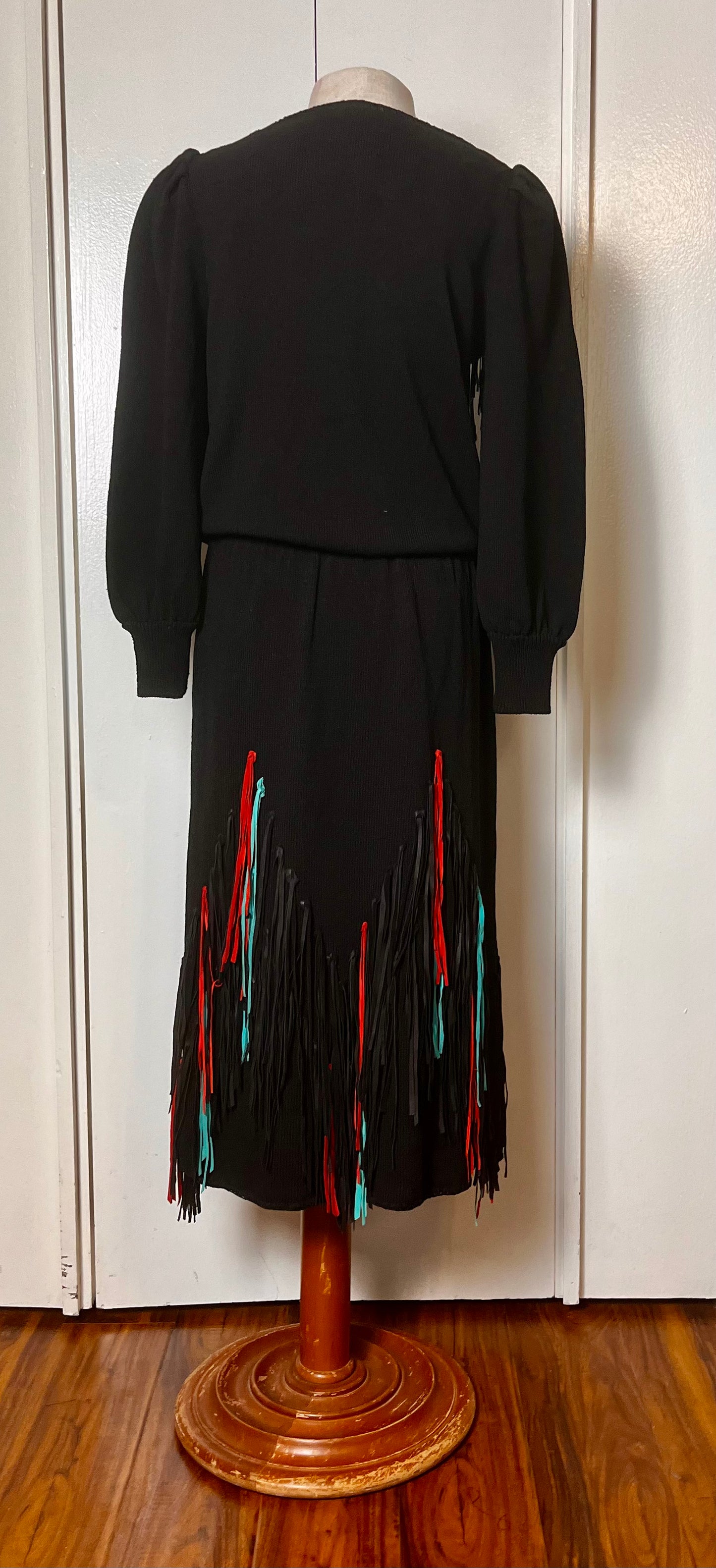 Vintage 1980s "Lillie Rubin" Leather-Fringe Sweater Dress