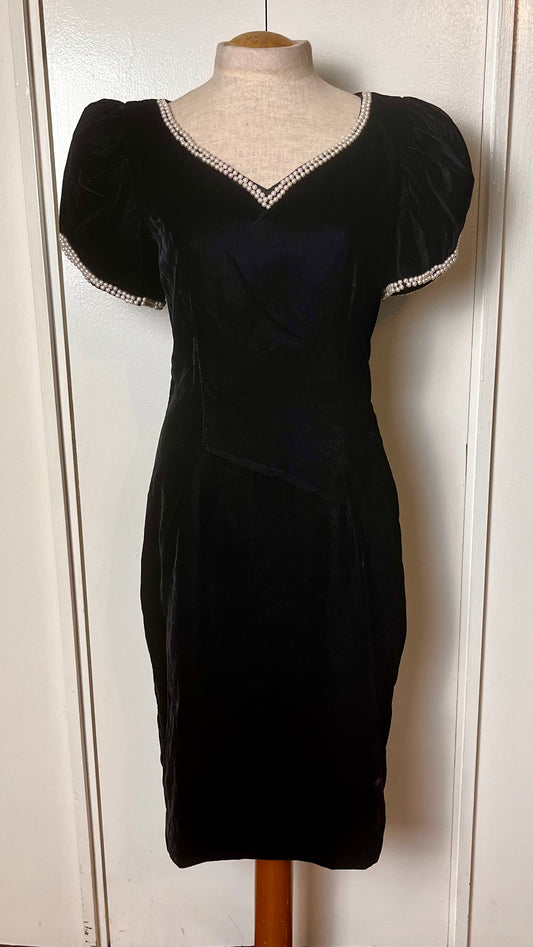 Vintage 1980's "Lisa Michaels" Black Velvet & Pearl Puff Sleeve Dress