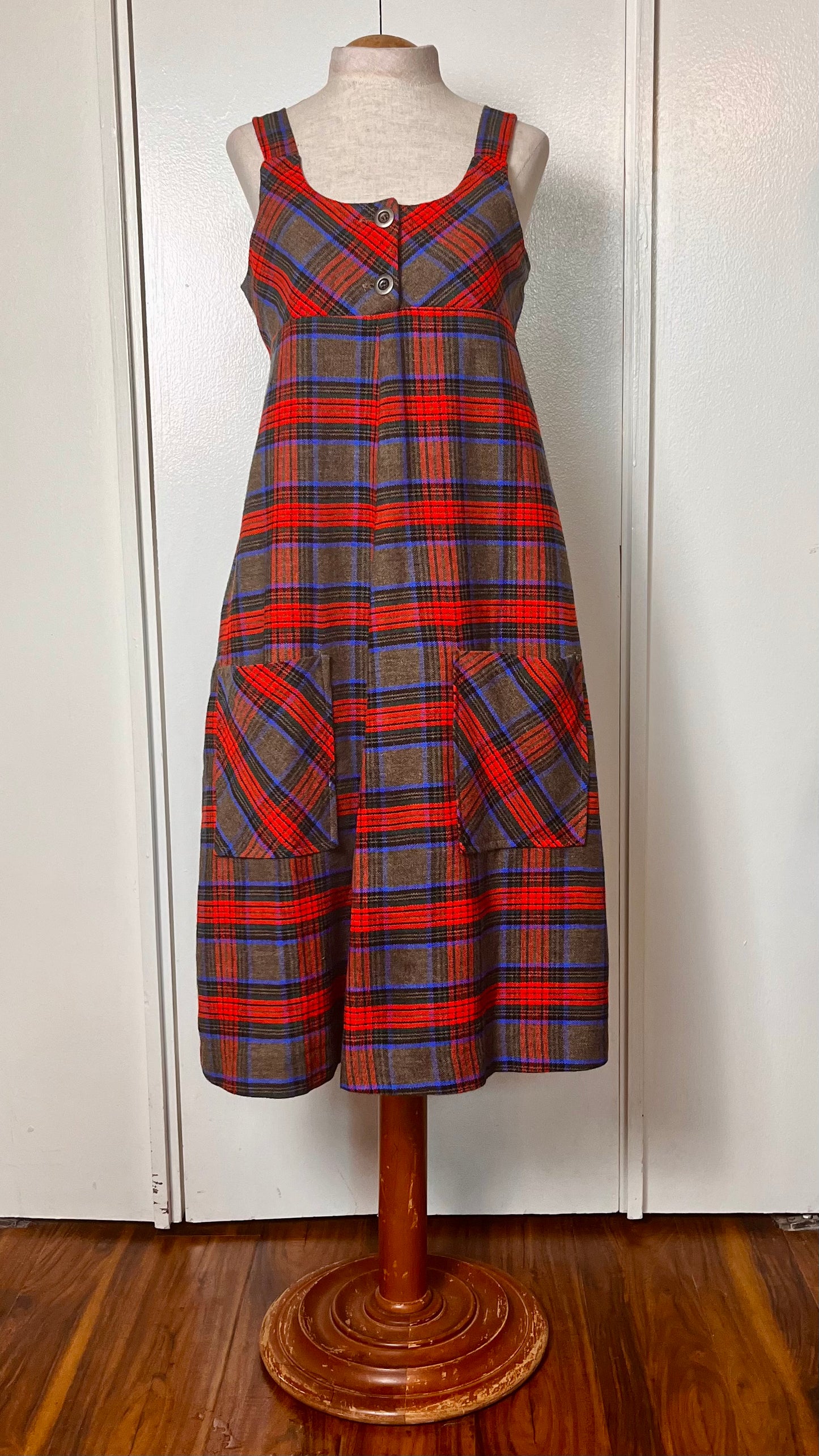 Vintage 1970's Plaid Button-Front Empire Waist Shift Dress