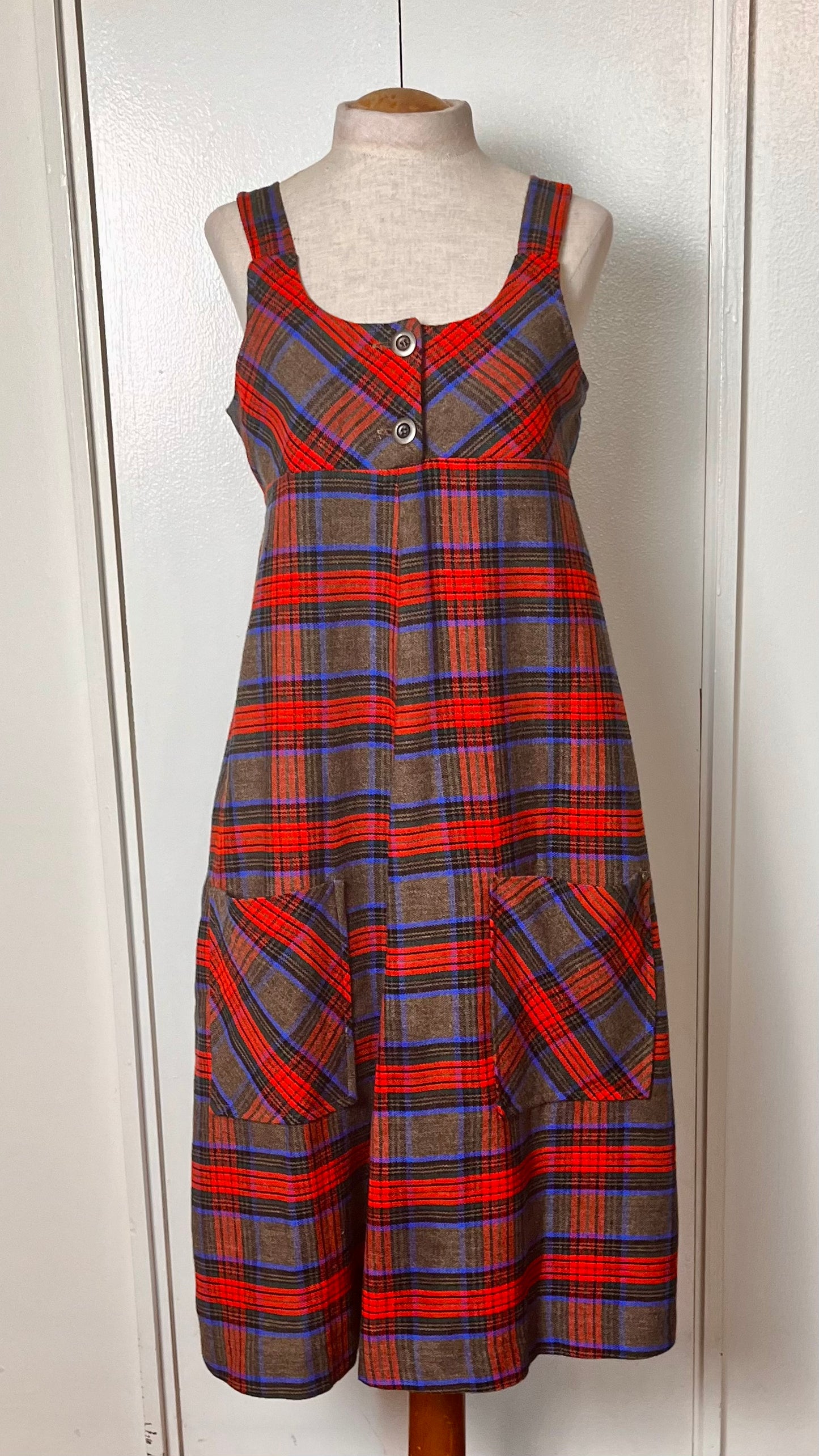 Vintage 1970's Plaid Button-Front Empire Waist Shift Dress