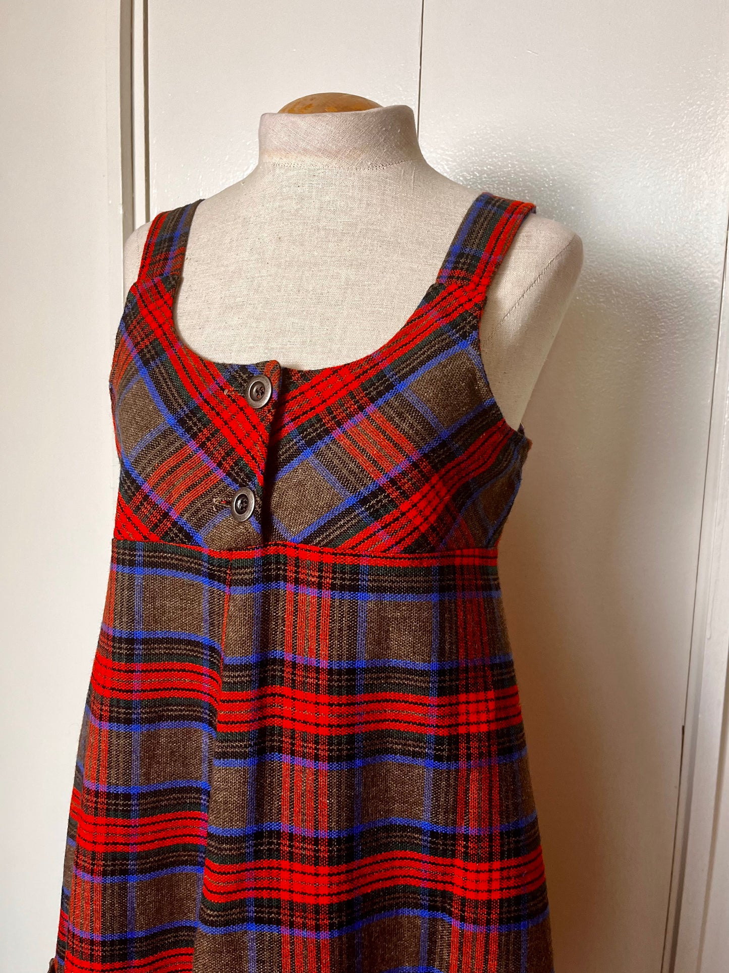 Vintage 1970's Plaid Button-Front Empire Waist Shift Dress