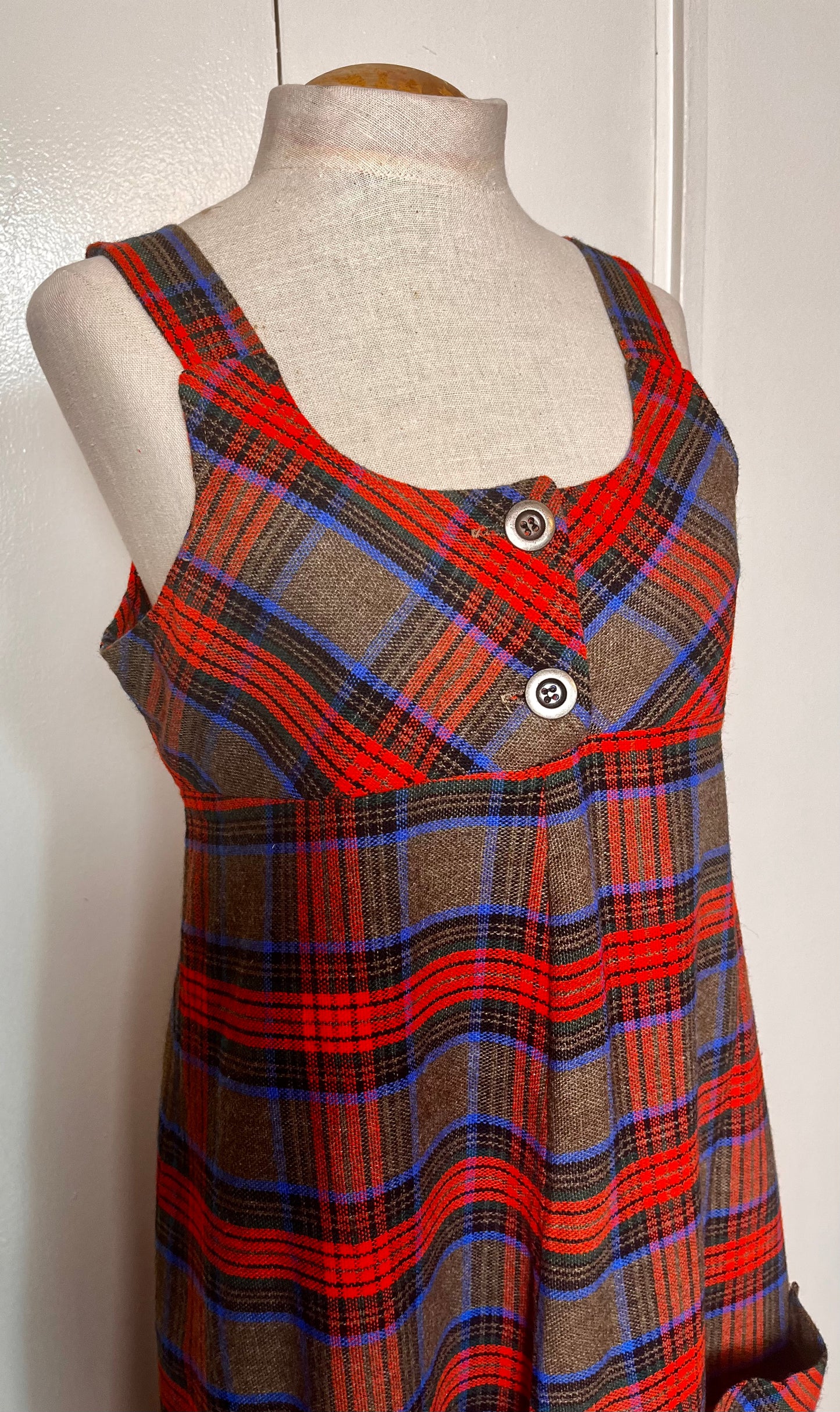 Vintage 1970's Plaid Button-Front Empire Waist Shift Dress