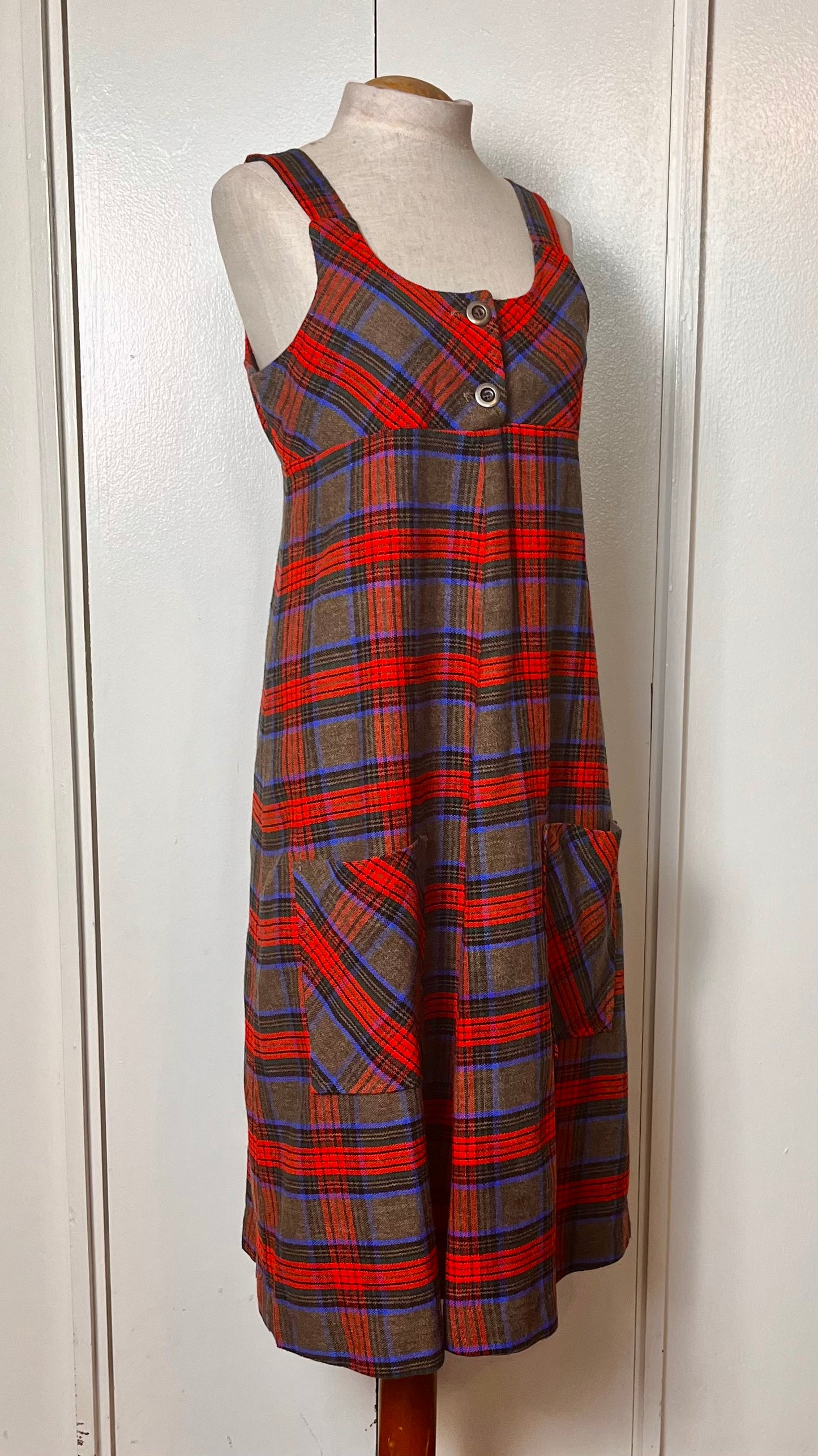 Vintage 1970's Plaid Button-Front Empire Waist Shift Dress