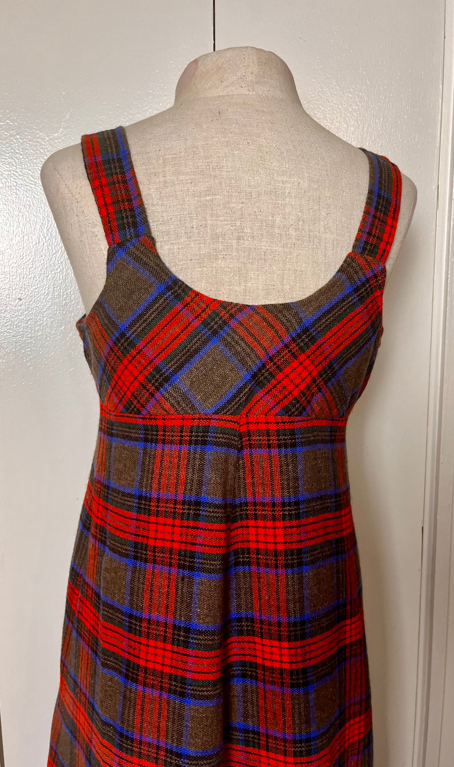 Vintage 1970's Plaid Button-Front Empire Waist Shift Dress