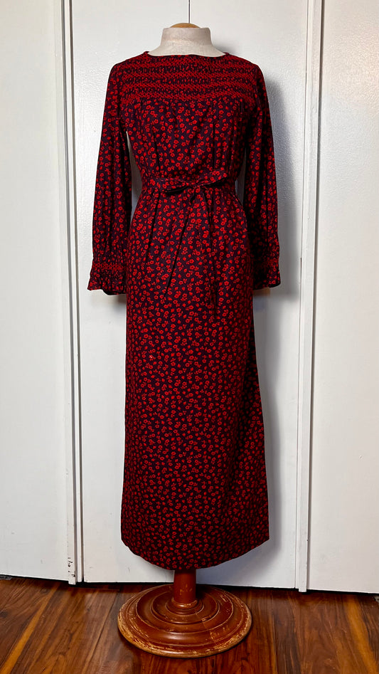 Vintage 1970's "Yankee Pedlar Ltd. by The Country House" Strawberry-Print Long Sleeve Maxi Dress with Belt