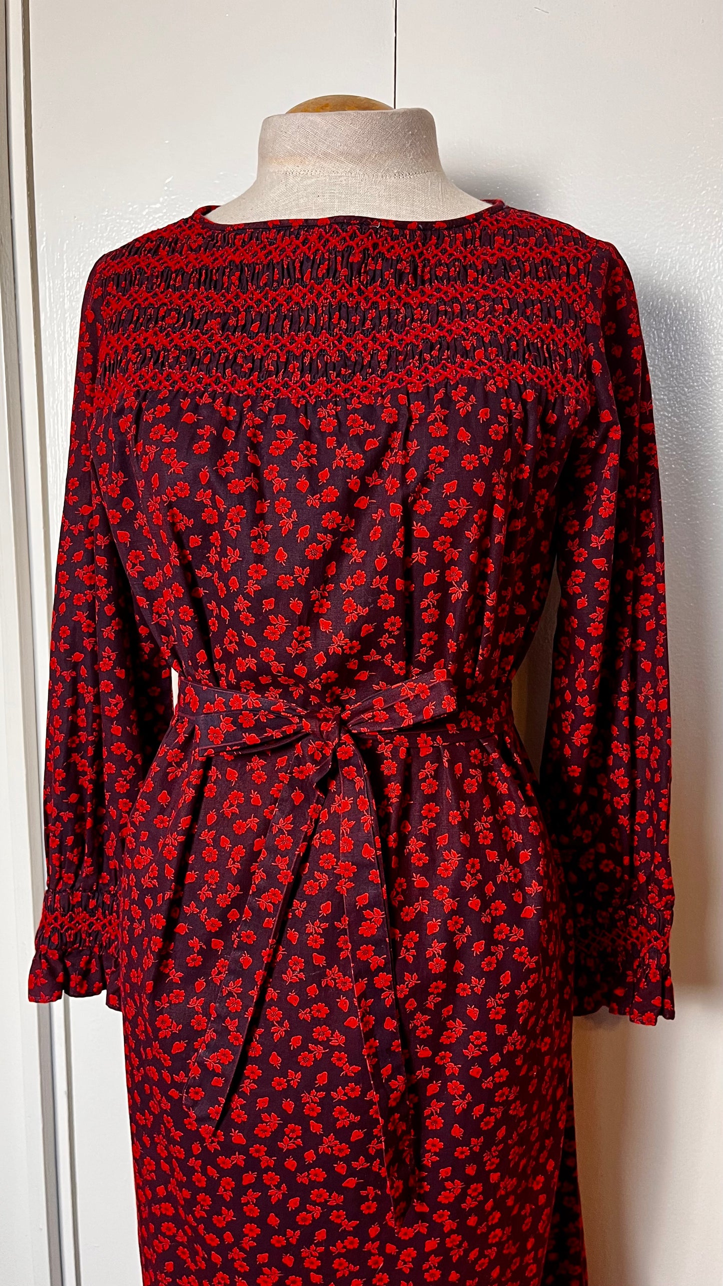 Vintage 1970's "Yankee Pedlar Ltd. by The Country House" Strawberry-Print Long Sleeve Maxi Dress with Belt