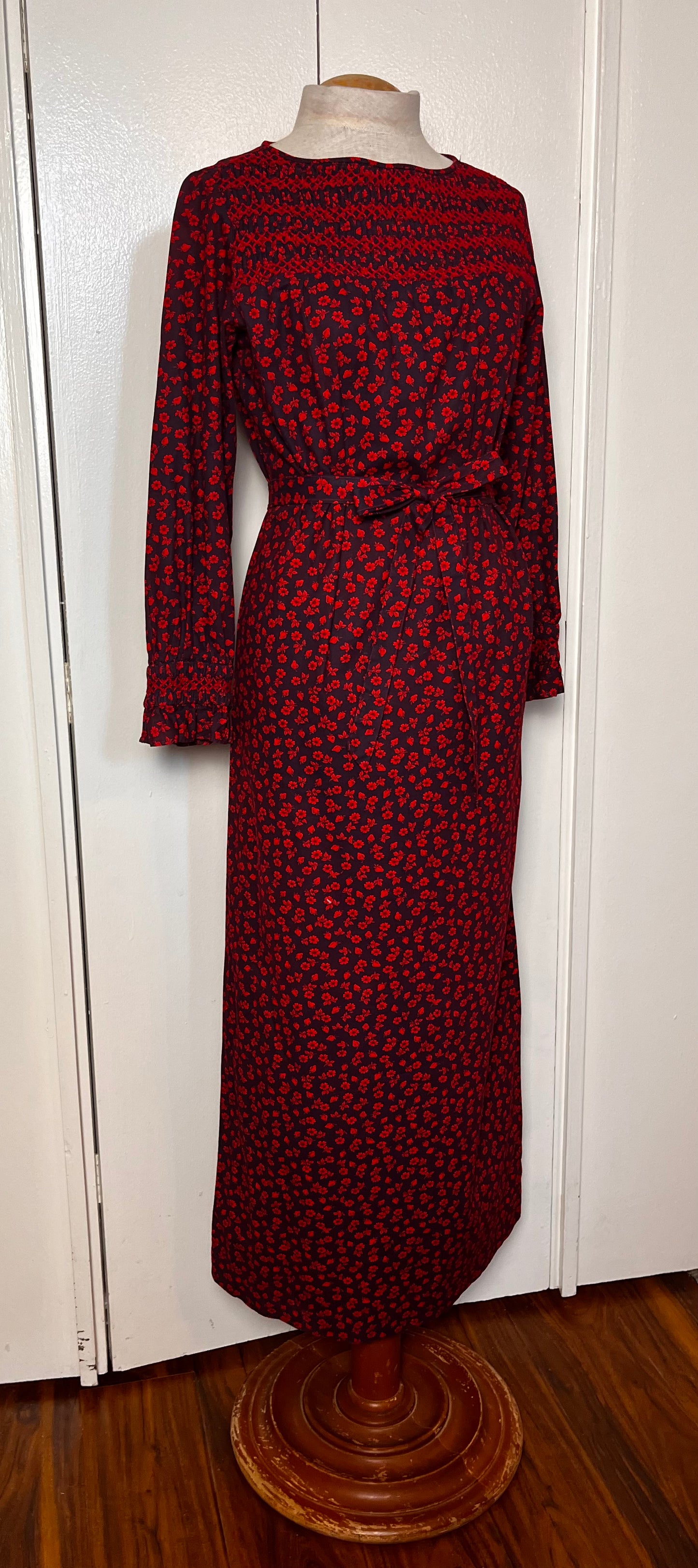 Vintage 1970's "Yankee Pedlar Ltd. by The Country House" Strawberry-Print Long Sleeve Maxi Dress with Belt