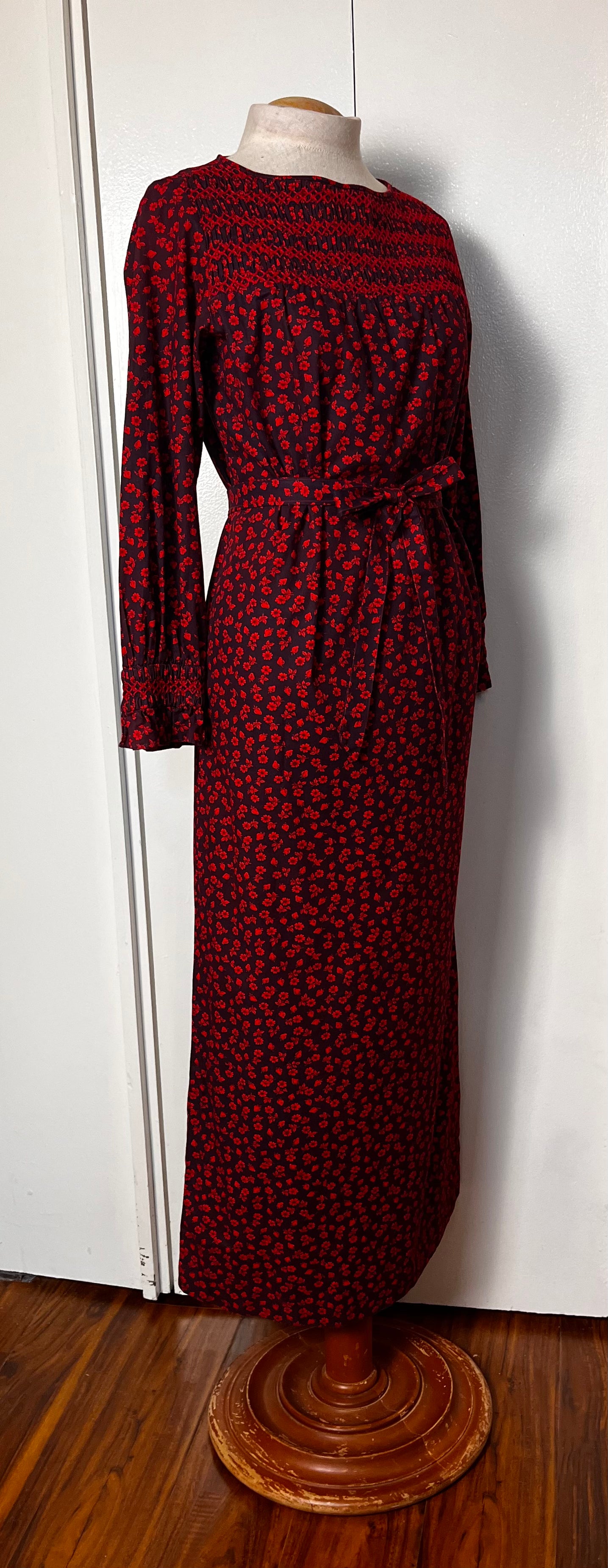 Vintage 1970's "Yankee Pedlar Ltd. by The Country House" Strawberry-Print Long Sleeve Maxi Dress with Belt