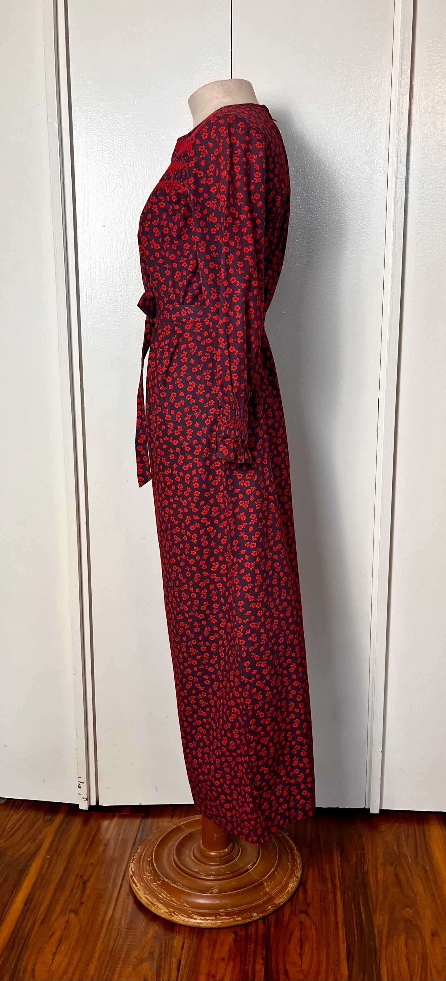 Vintage 1970's "Yankee Pedlar Ltd. by The Country House" Strawberry-Print Long Sleeve Maxi Dress with Belt