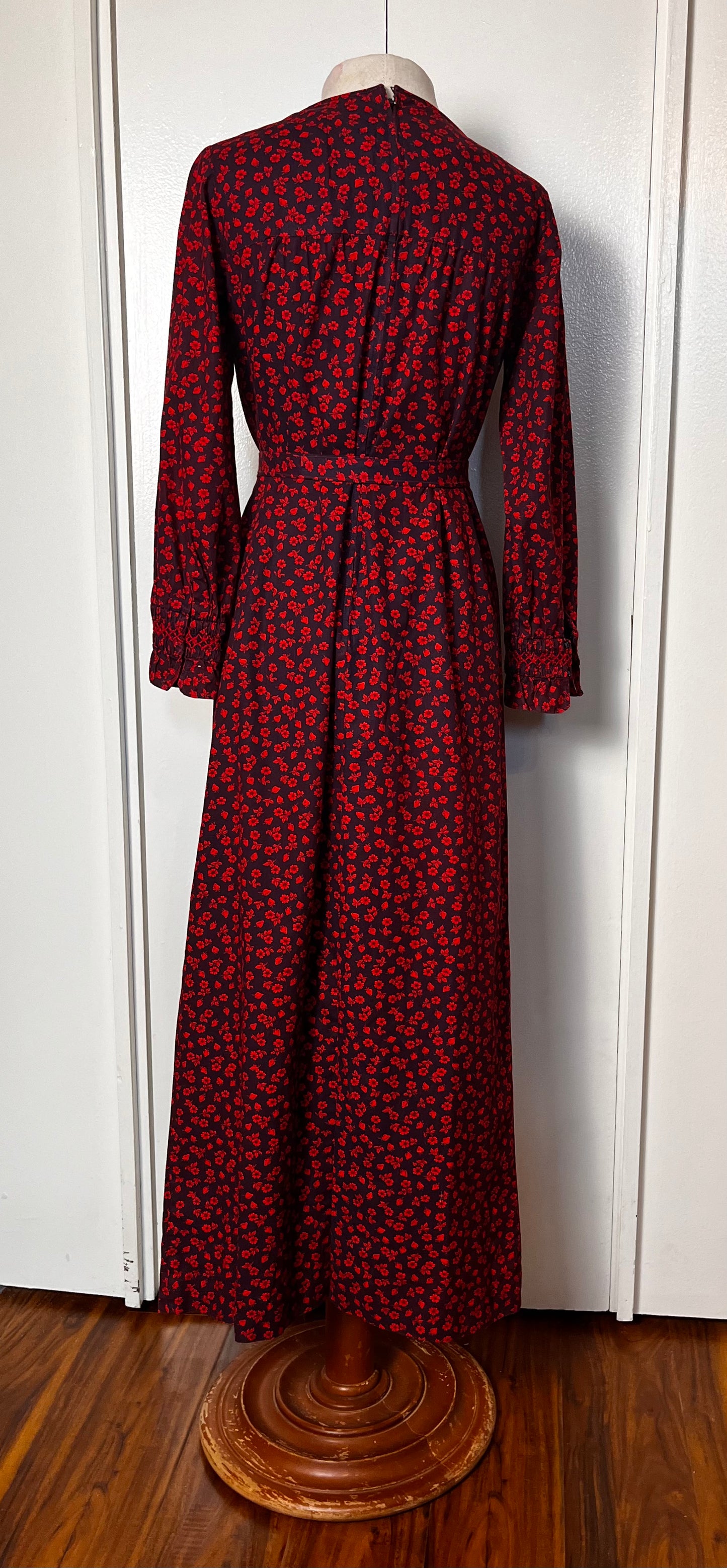 Vintage 1970's "Yankee Pedlar Ltd. by The Country House" Strawberry-Print Long Sleeve Maxi Dress with Belt