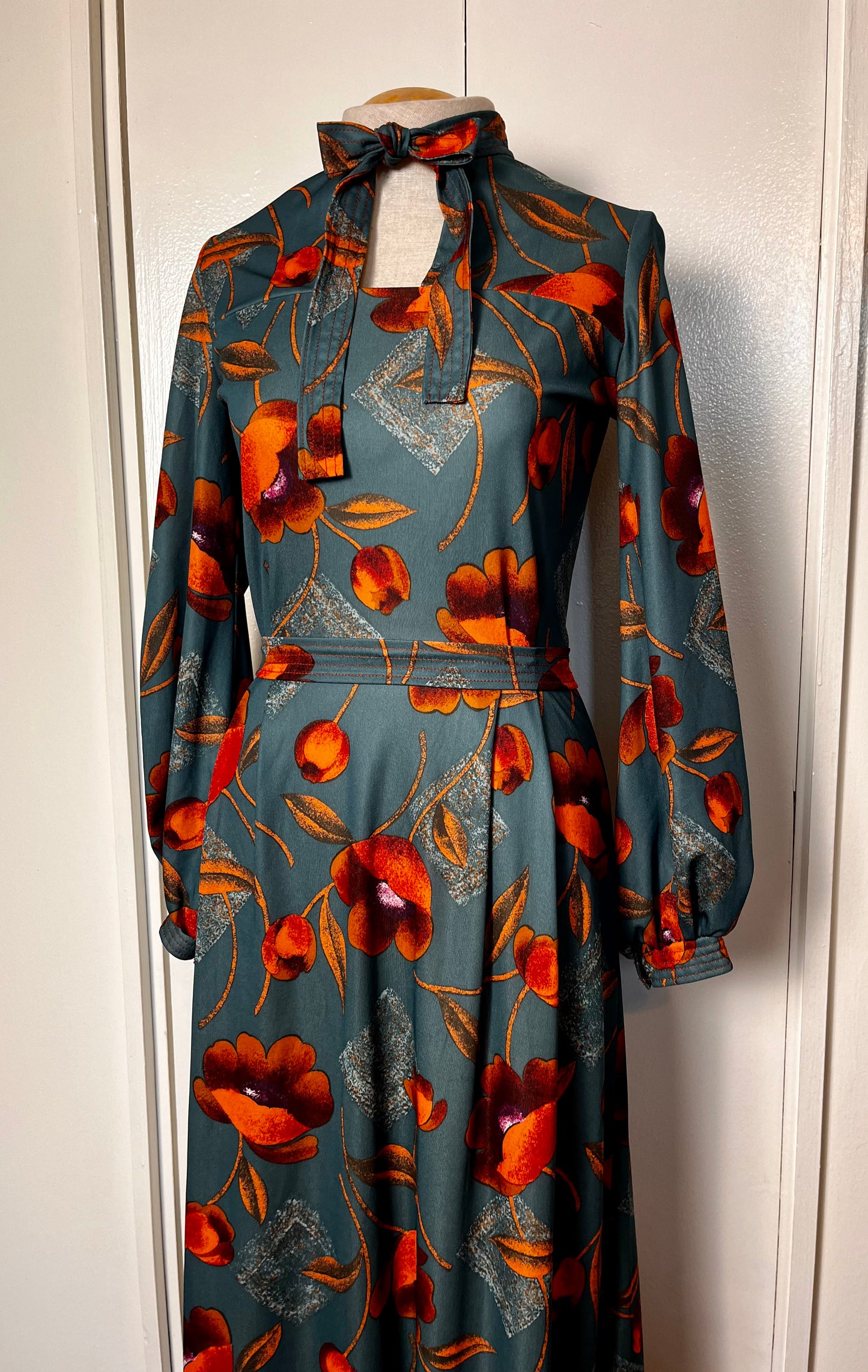 Vintage 1970's Wild Poppy-Print Orange & Teal Tie-Neck Balloon Sleeve A-Line Maxi Dress