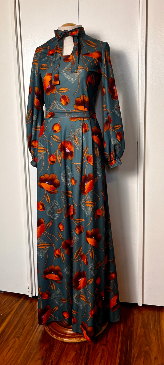 Vintage 1970's Wild Poppy-Print Orange & Teal Tie-Neck Balloon Sleeve A-Line Maxi Dress