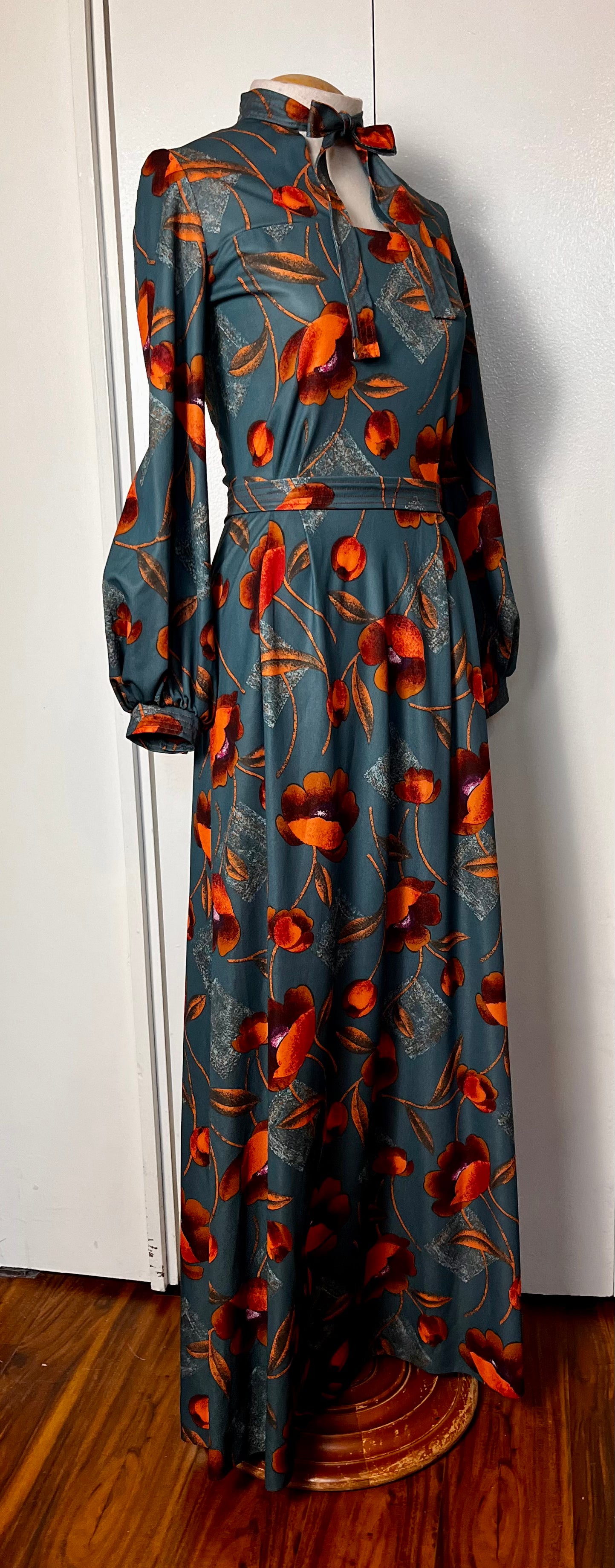 Vintage 1970's Wild Poppy-Print Orange & Teal Tie-Neck Balloon Sleeve A-Line Maxi Dress